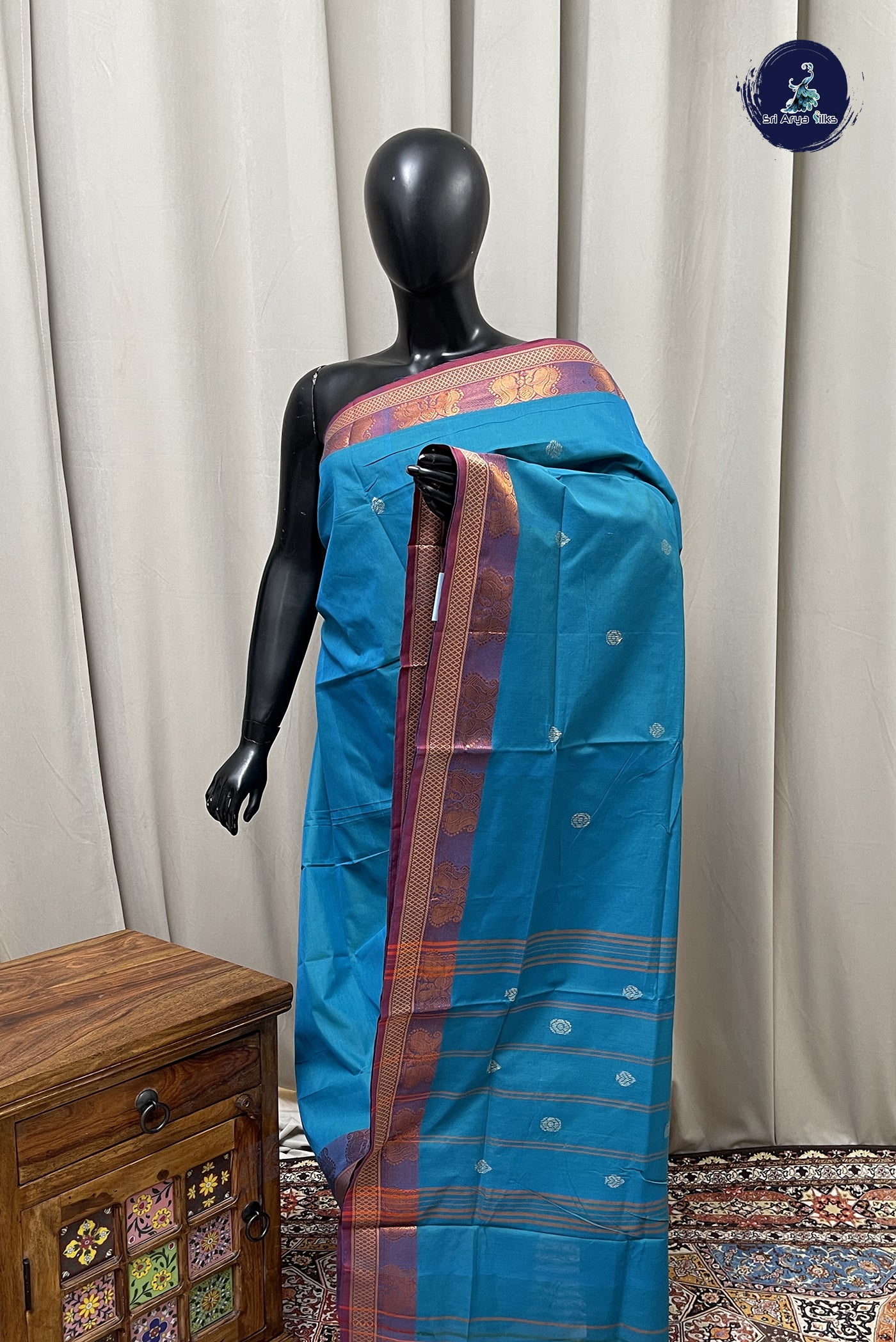 Teal Blue Chettinad Cotton Saree With Buttas Pattern