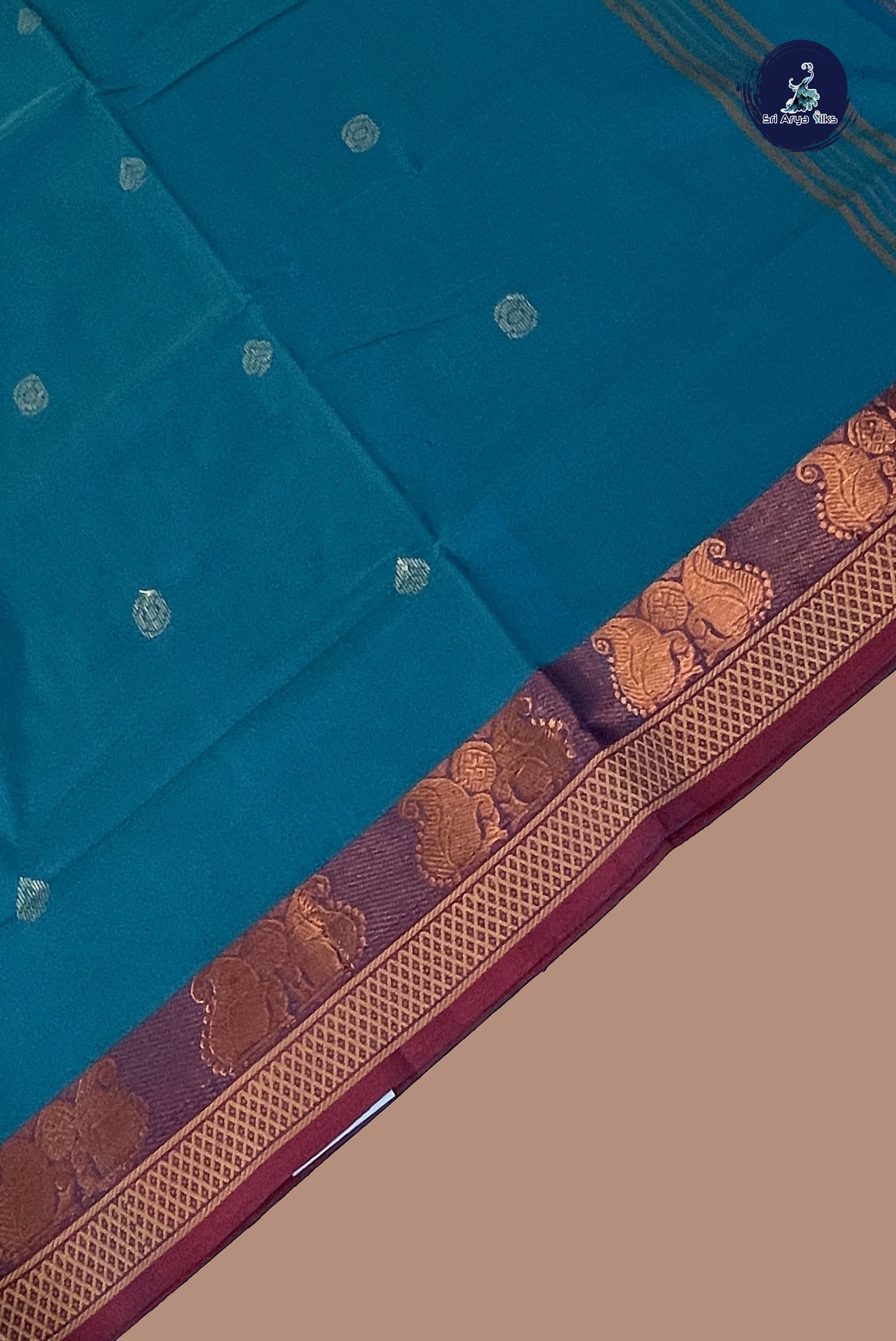 Teal Blue Chettinad Cotton Saree With Buttas Pattern