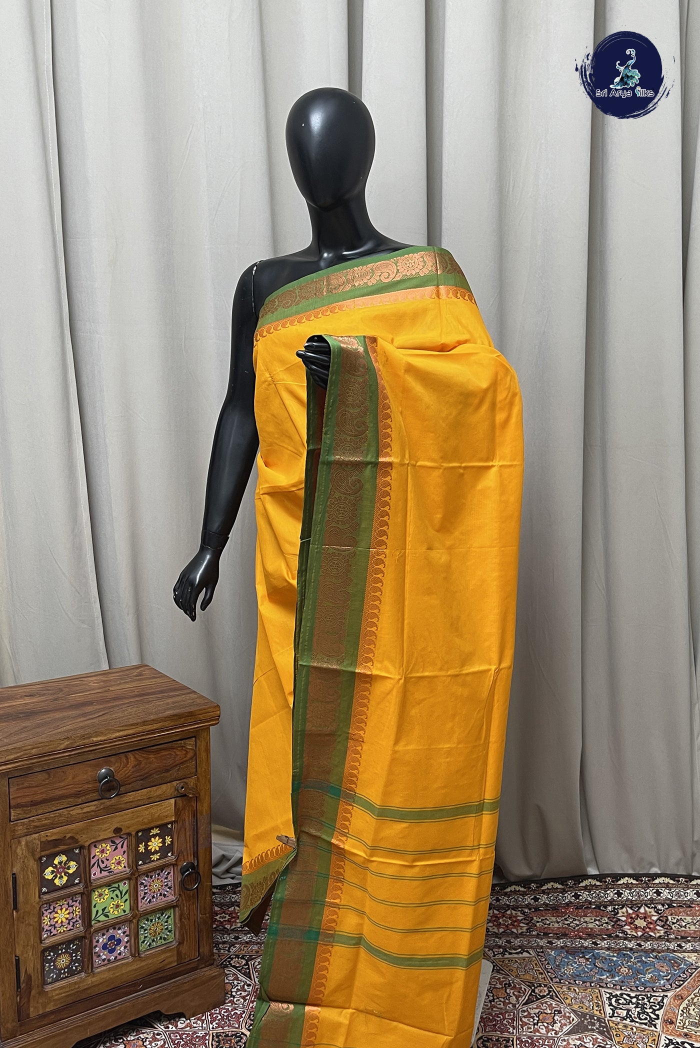 Yellow Chettinad Cotton Saree With Plain Pattern