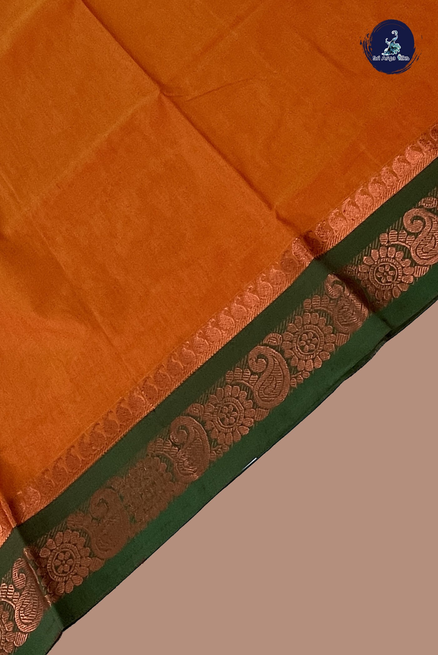 Orange Chettinad Cotton Saree With Plain Pattern