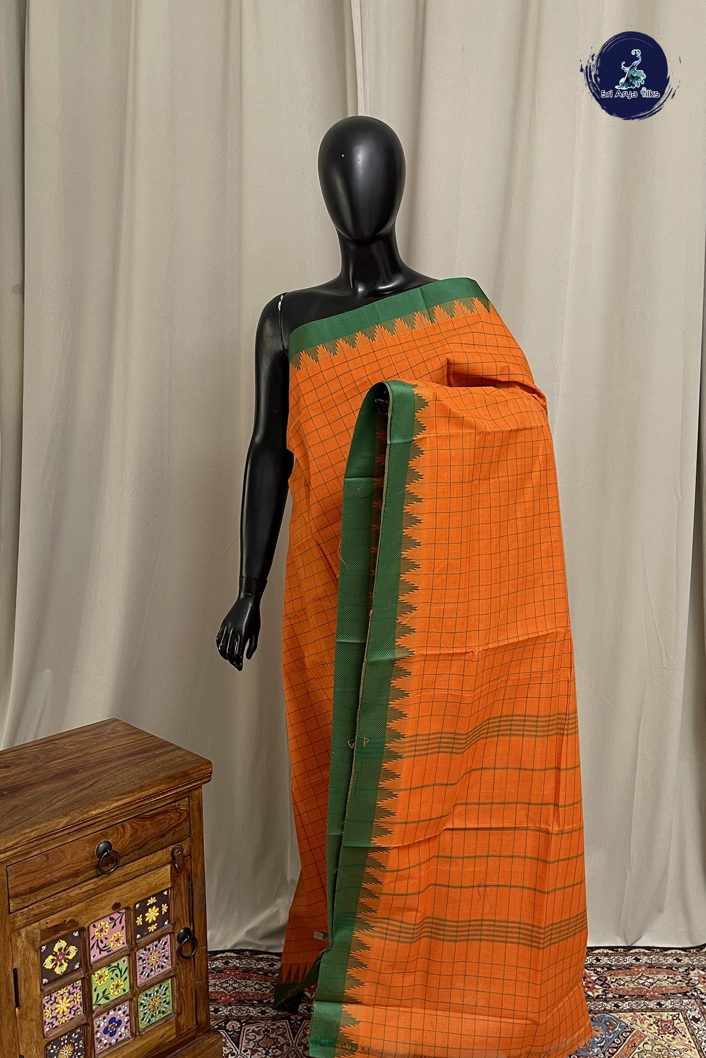 Orange Chettinad Cotton Saree With Checked Pattern
