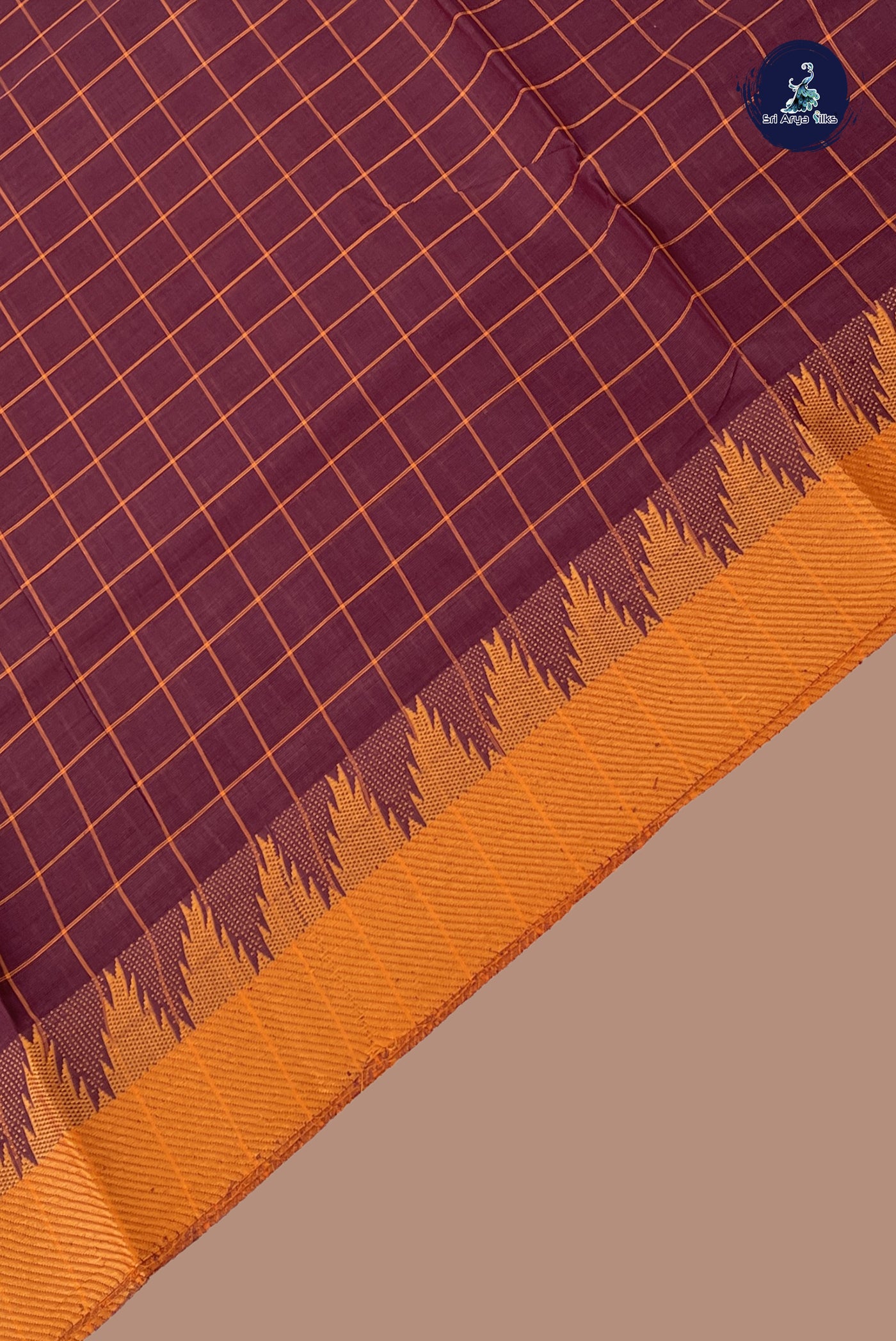 Brown Chettinad Cotton Saree With Checked Pattern