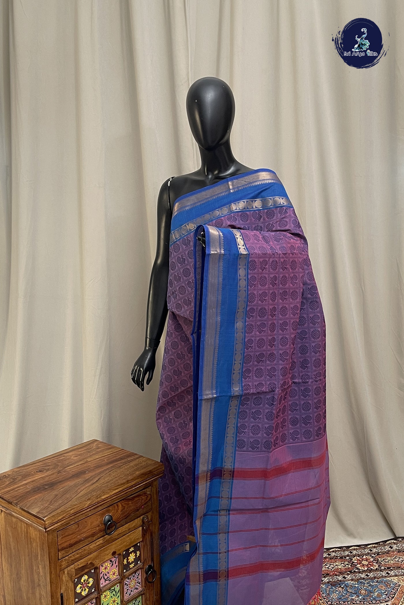 Lavender Kanchi Cotton Saree With Embroidery Pattern