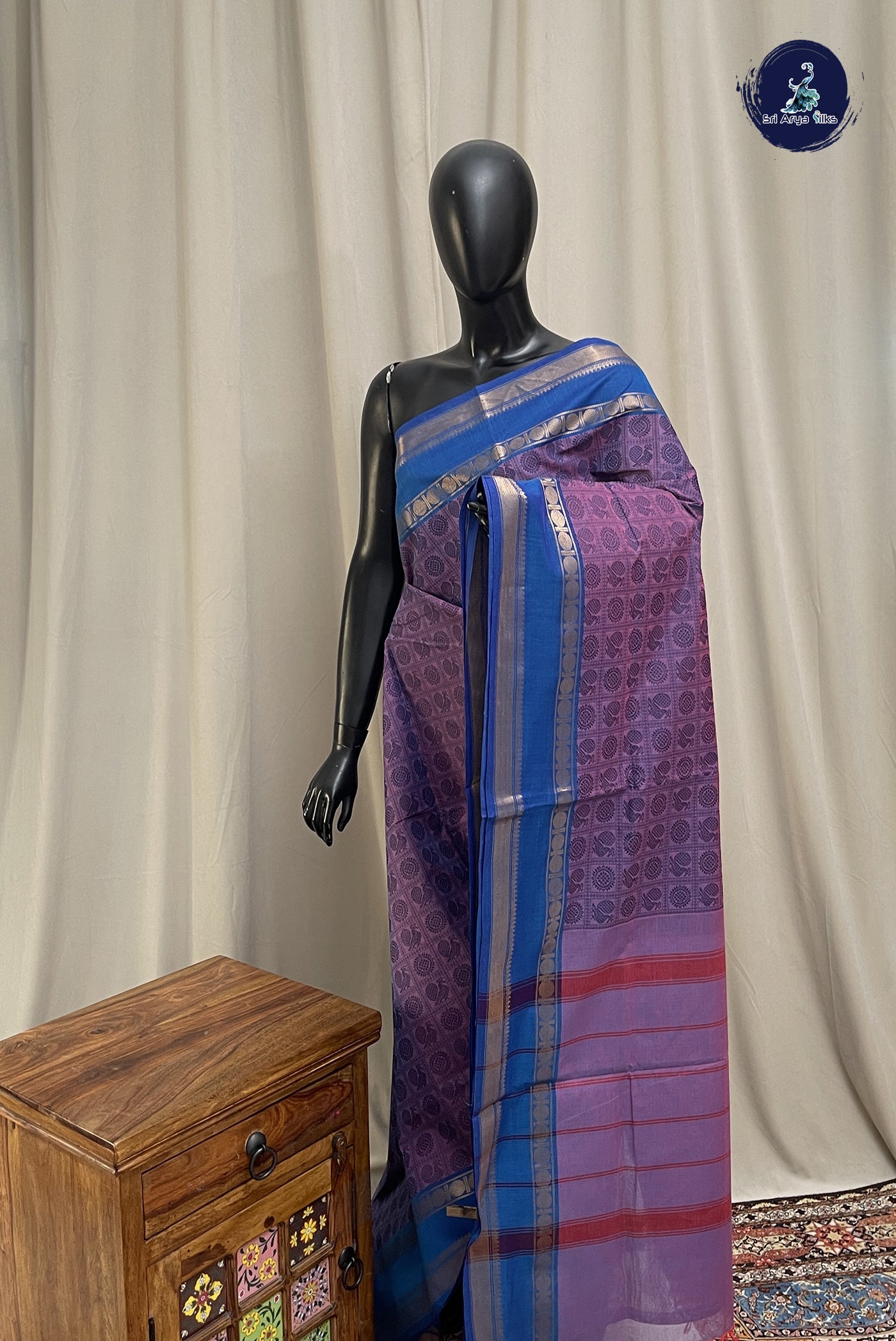 Lavender Kanchi Cotton Saree With Embroidery Pattern