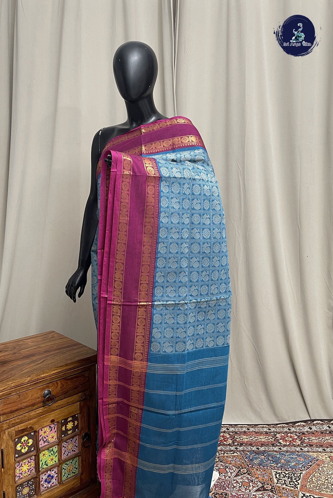 Light Blue Kanchi Cotton Saree With Embroidery Pattern