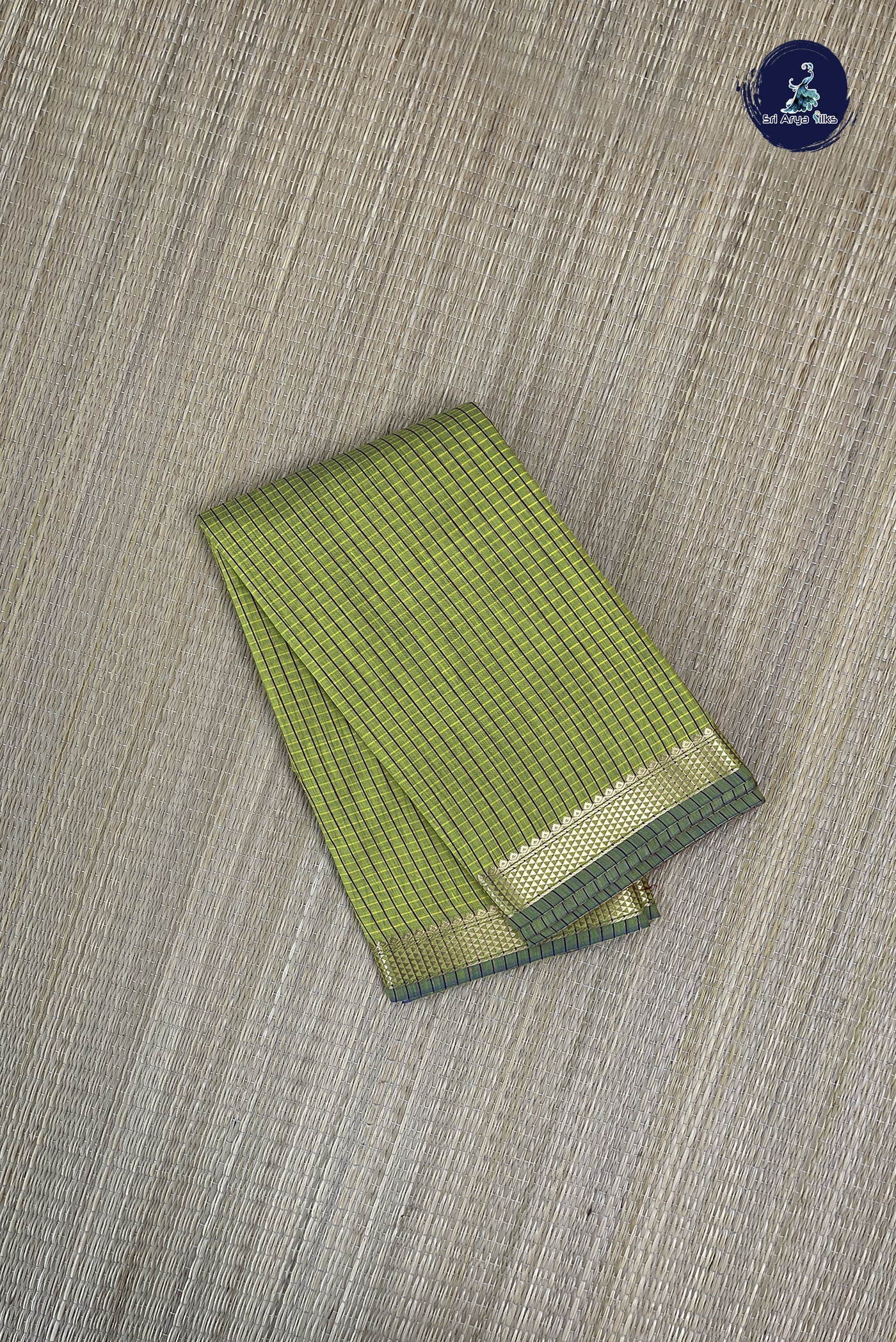 Yellowish Green Budget Semi Silk Cotton Saree With Checked Pattern