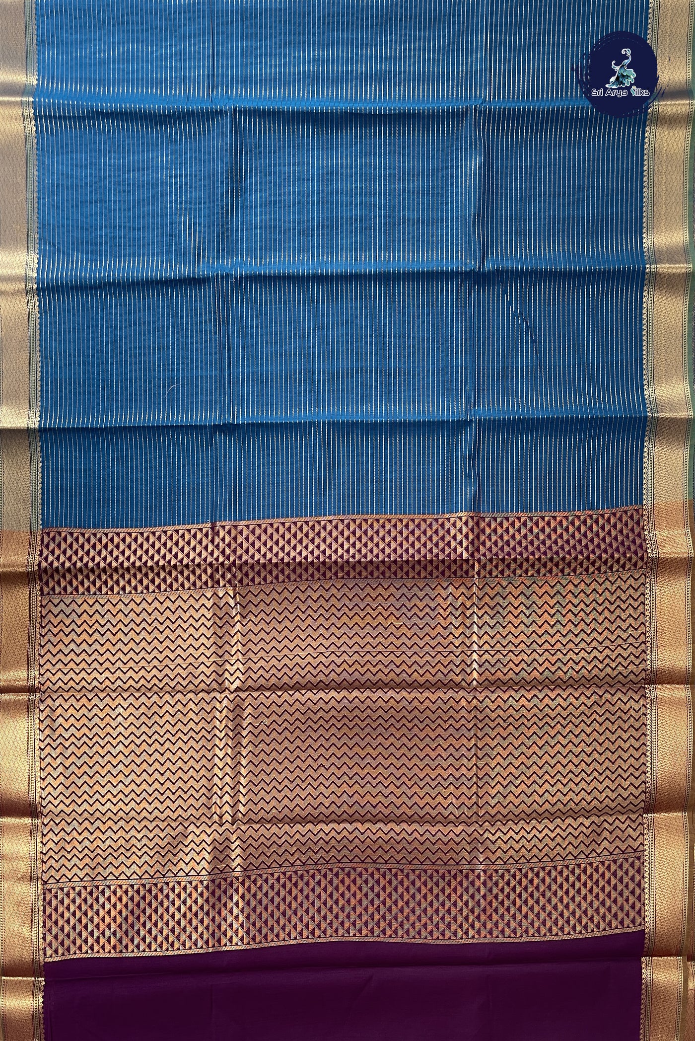 Peacock Blue Budget Semi Silk Cotton Saree With Stripes Pattern