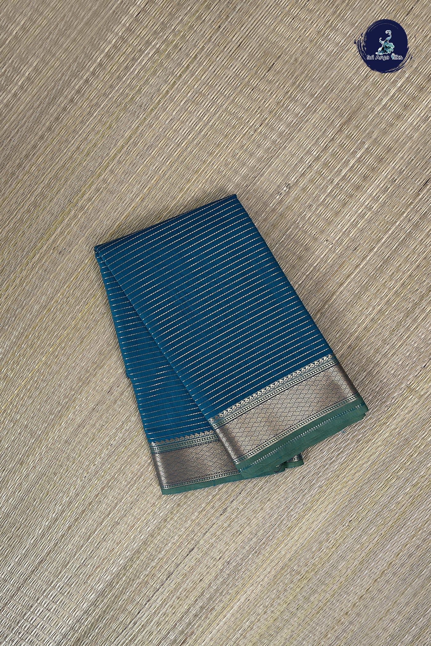 Sapphire Green Budget Semi Silk Cotton Saree With Stripes Pattern