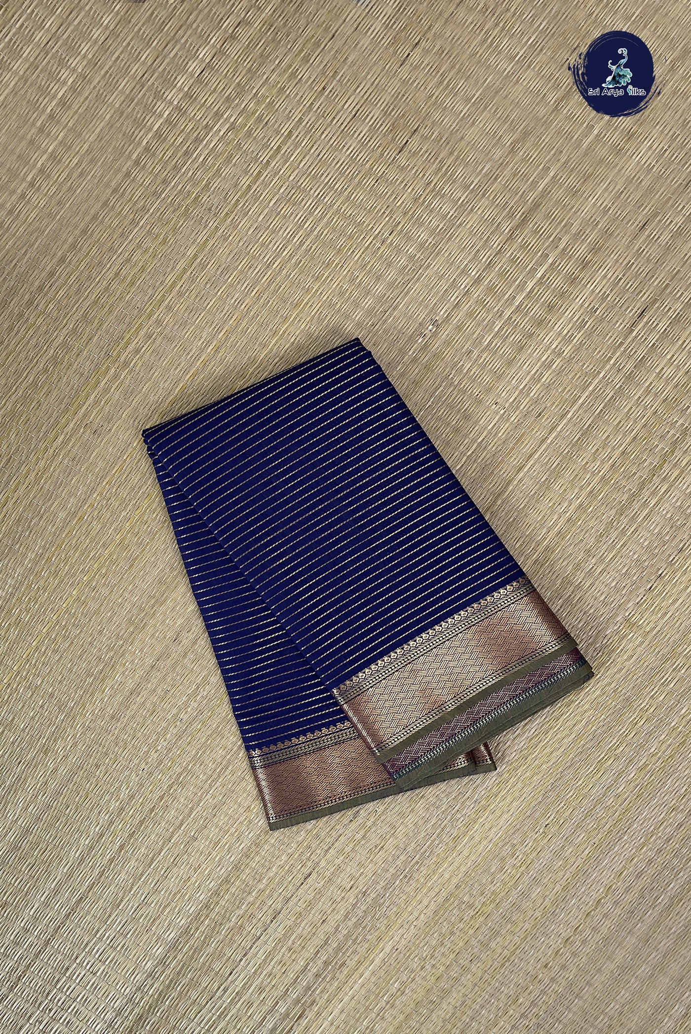 Navy Blue Budget Semi Silk Cotton Saree With Stripes Pattern