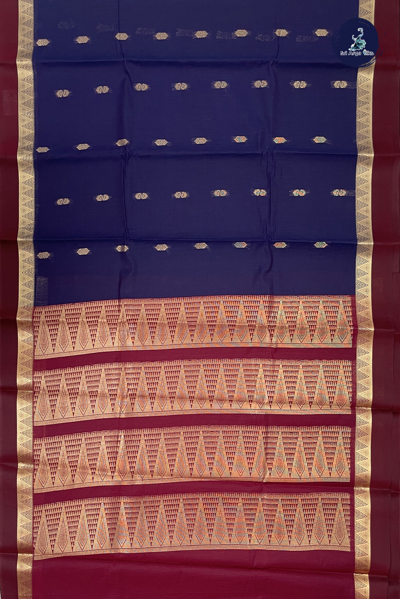 Navy Blue Budget Semi Silk Cotton Saree With Zari Buttas Pattern