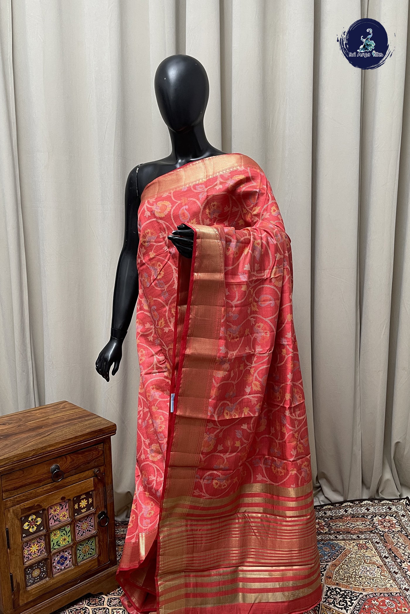 Red Semi Tussar Saree With Printed Pattern