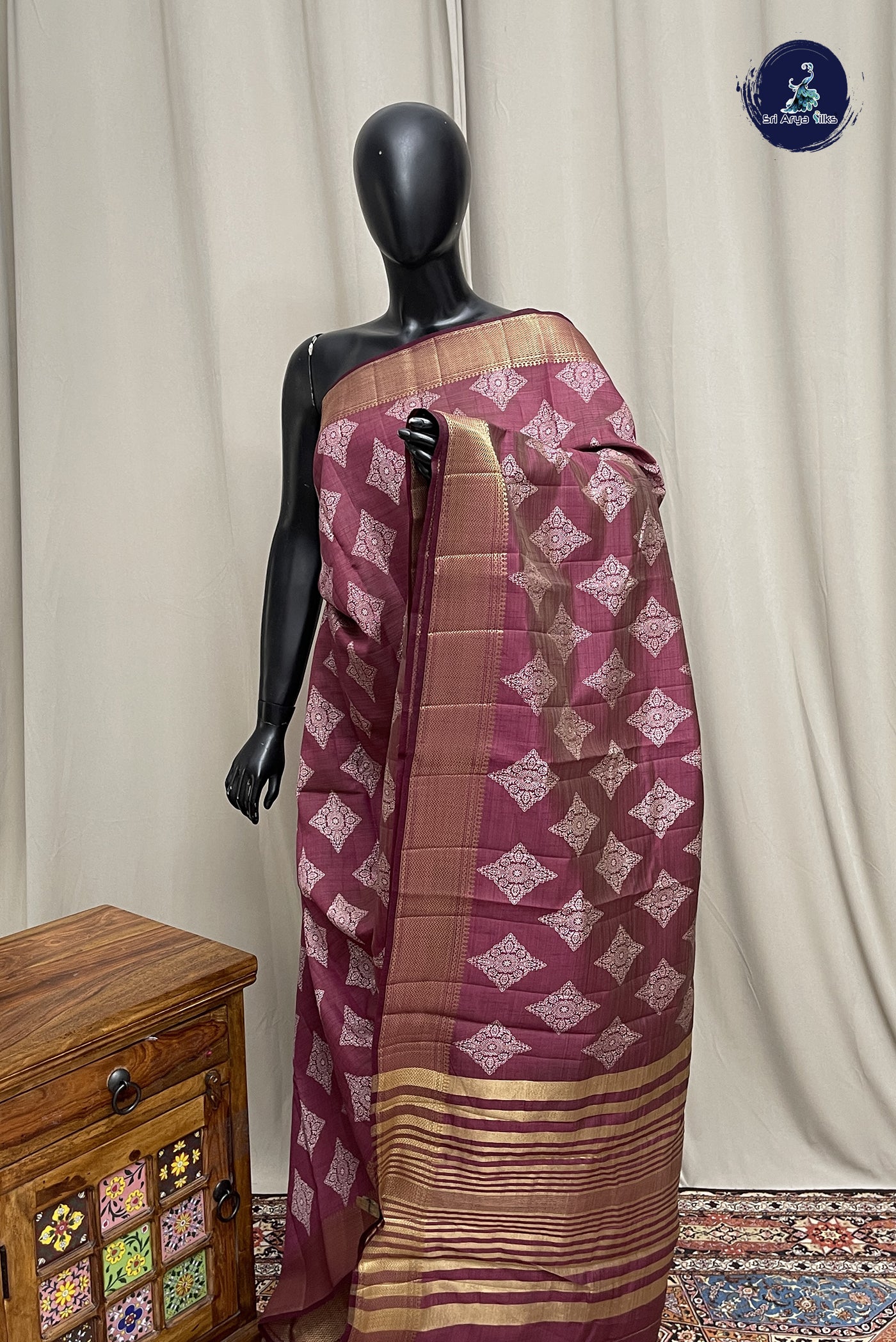 Burgundy Semi Tussar Saree With Printed Pattern