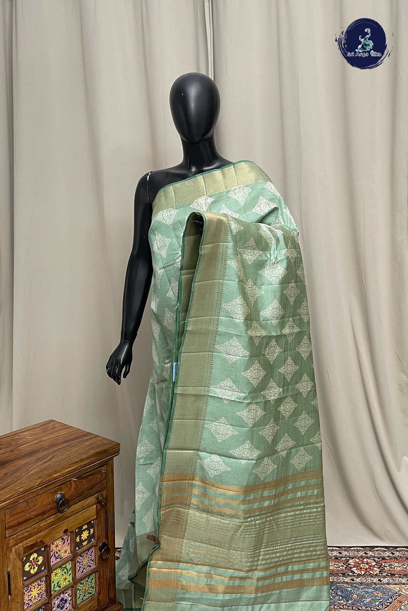 Pastel Green Semi Tussar Saree With Printed Pattern