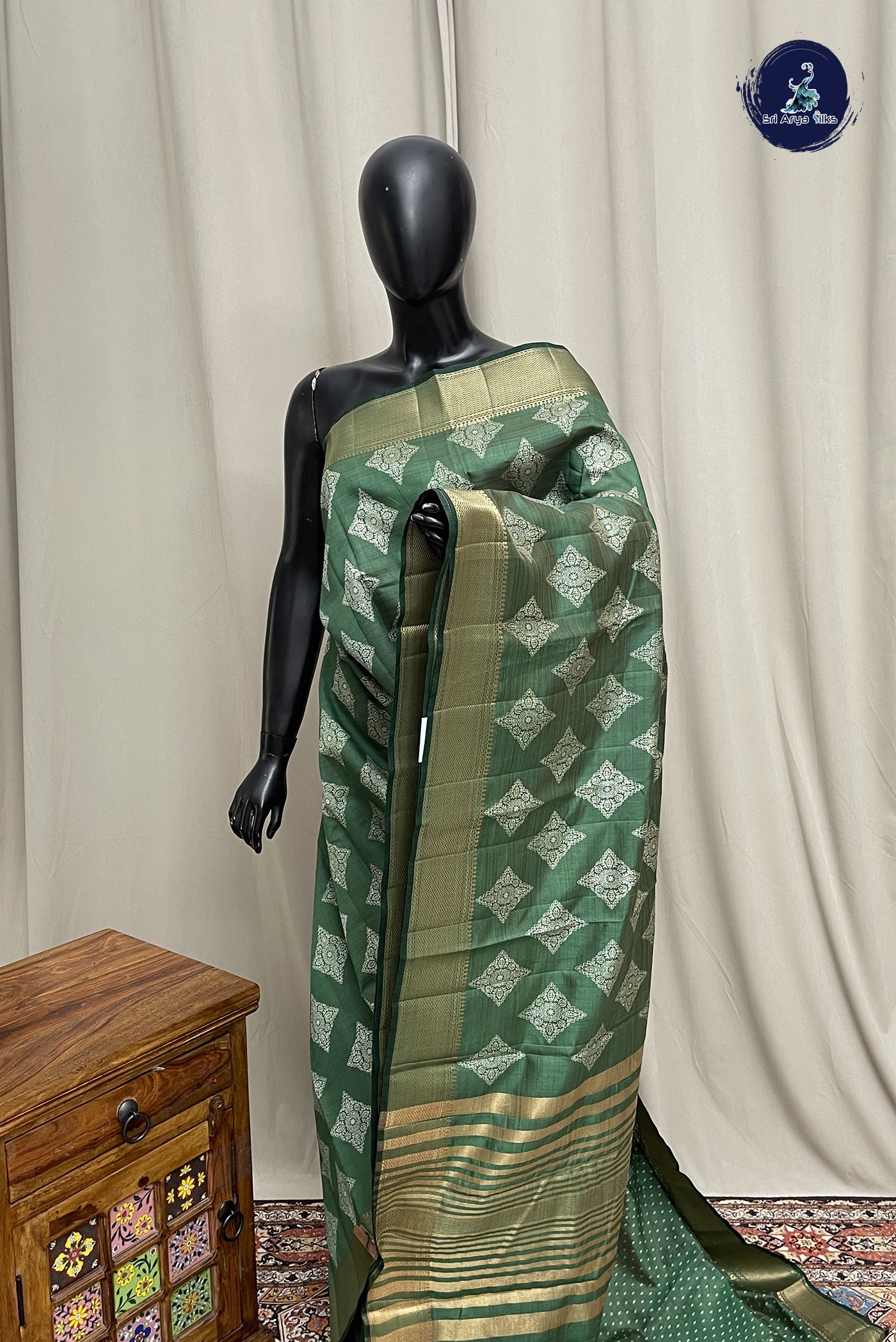 Dark Green Semi Tussar Saree With Printed Pattern