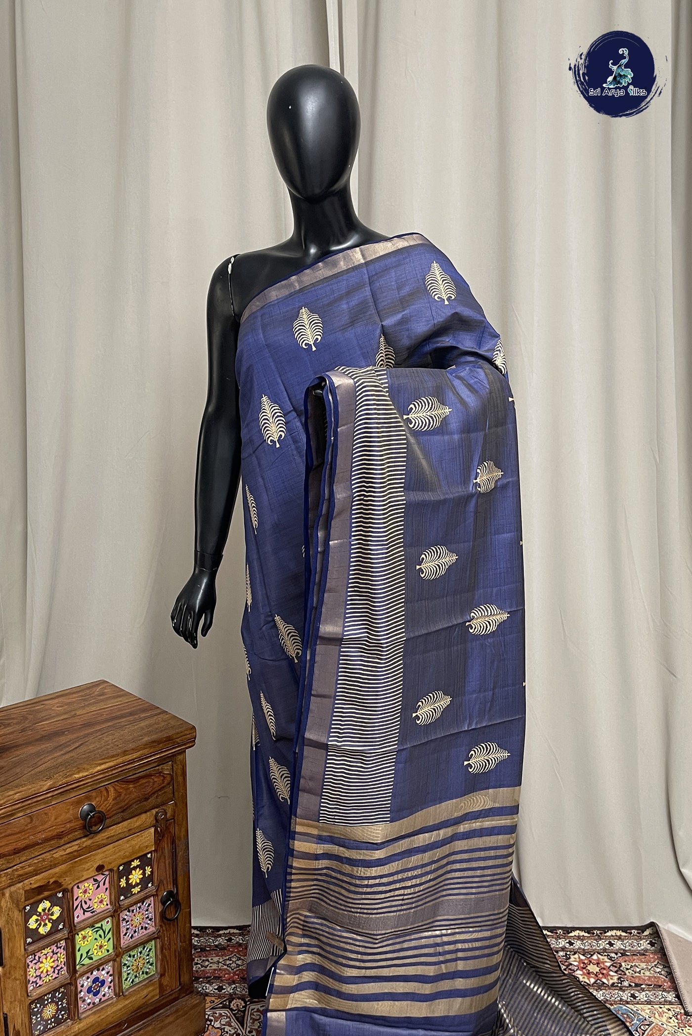 Greyish Blue Semi Tussar Saree With Printed Pattern