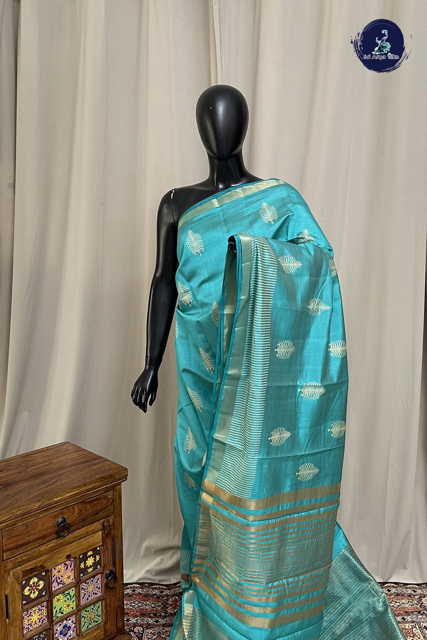 Turquoise Semi Tussar Saree With Printed Pattern