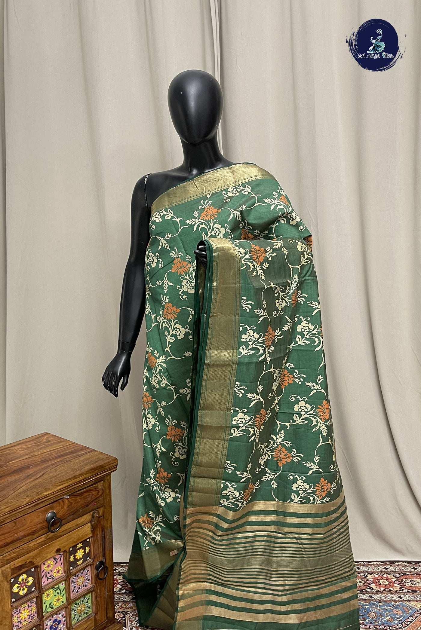 Dark Green Semi Tussar Saree With Printed Pattern