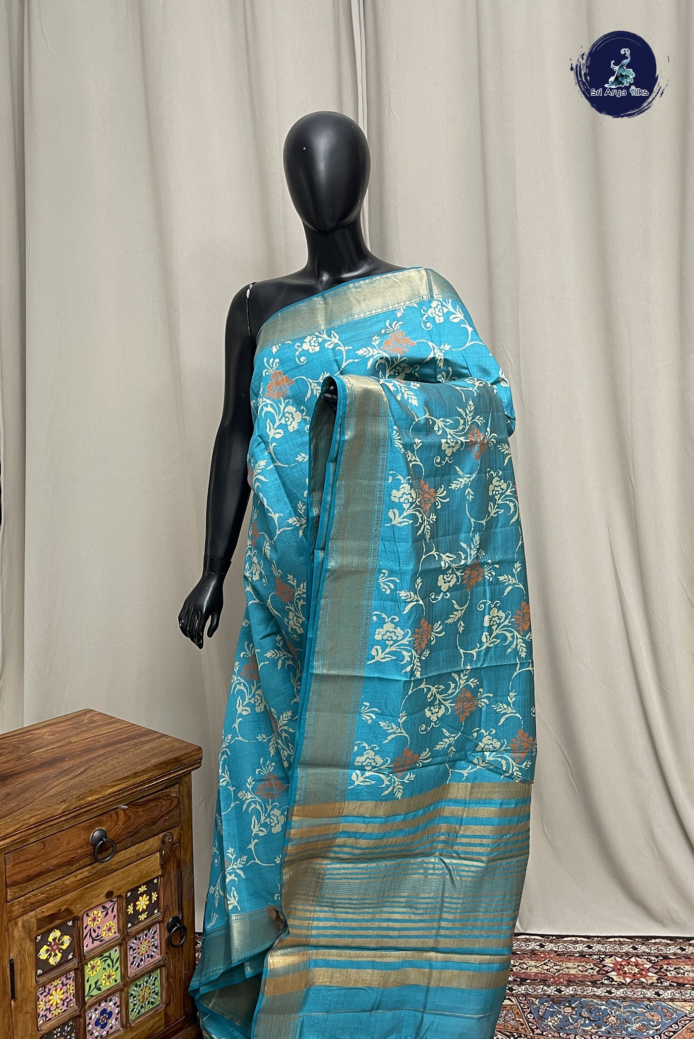 Blue Semi Tussar Saree With Printed Pattern
