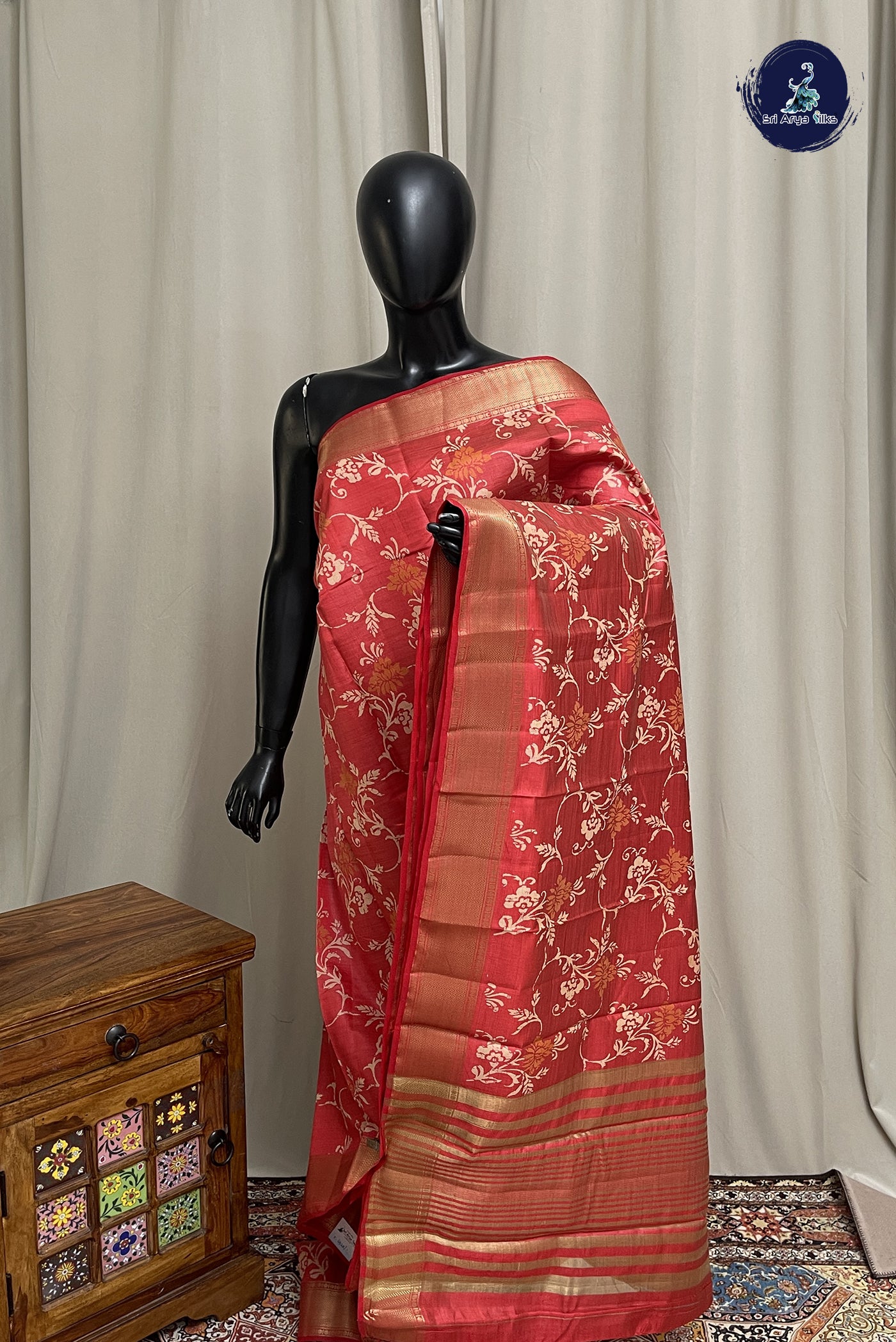 Red Semi Tussar Saree With Printed Pattern