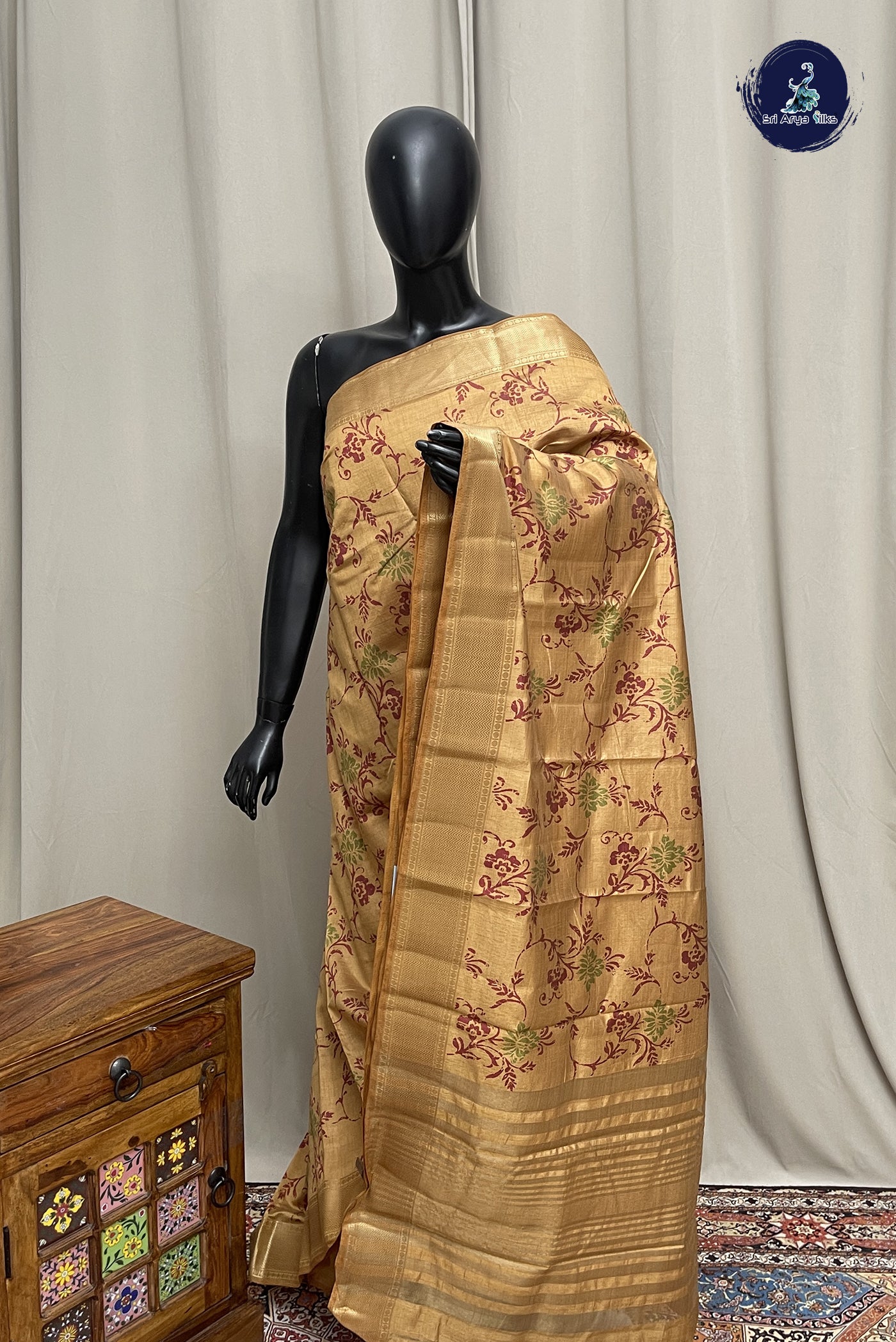 Chikku Shade Semi Tussar Saree With Printed Pattern