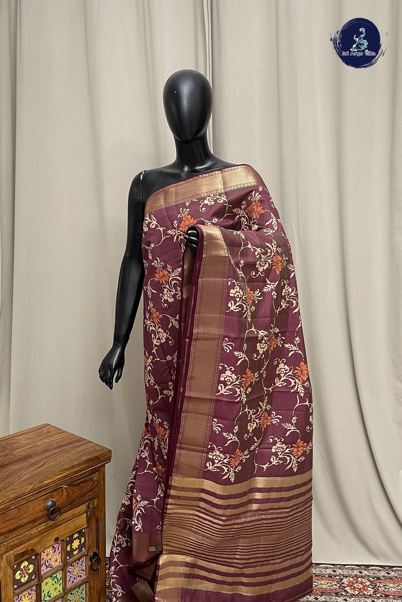 Burgundy Semi Tussar Saree With Printed Pattern