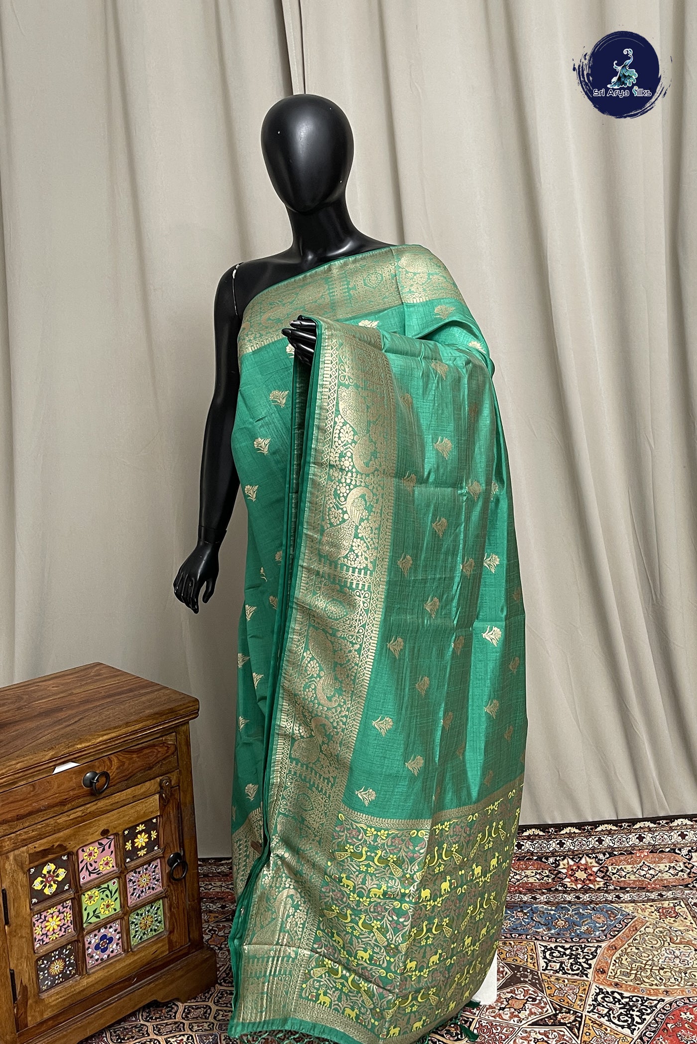 Green Semi Tussar Saree With Zari Buttas Pattern