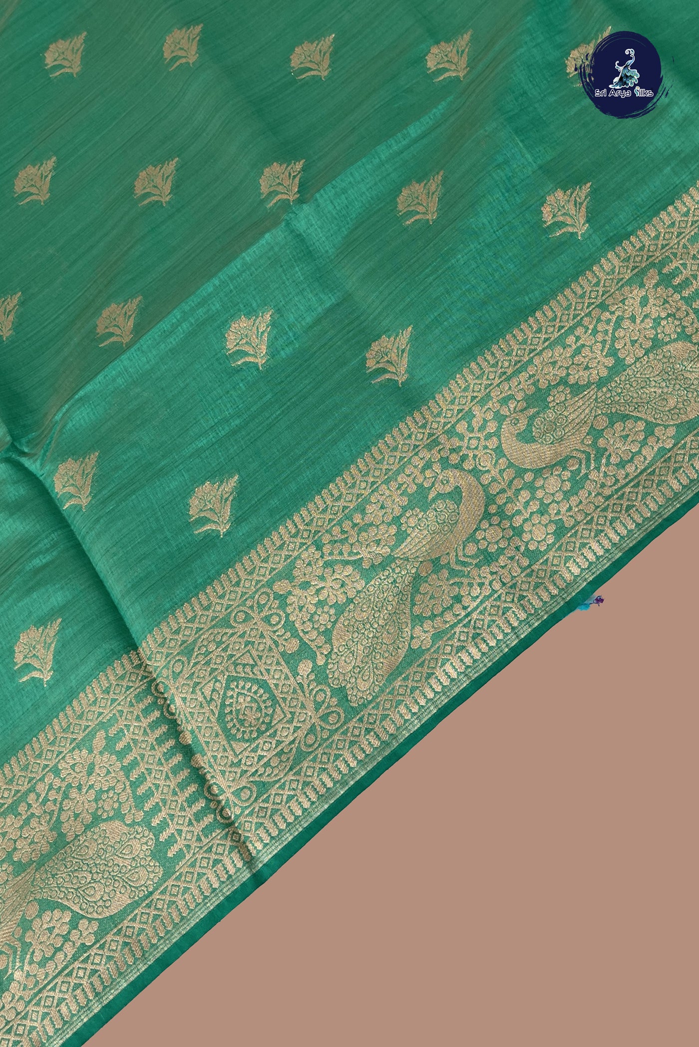 Green Semi Tussar Saree With Zari Buttas Pattern
