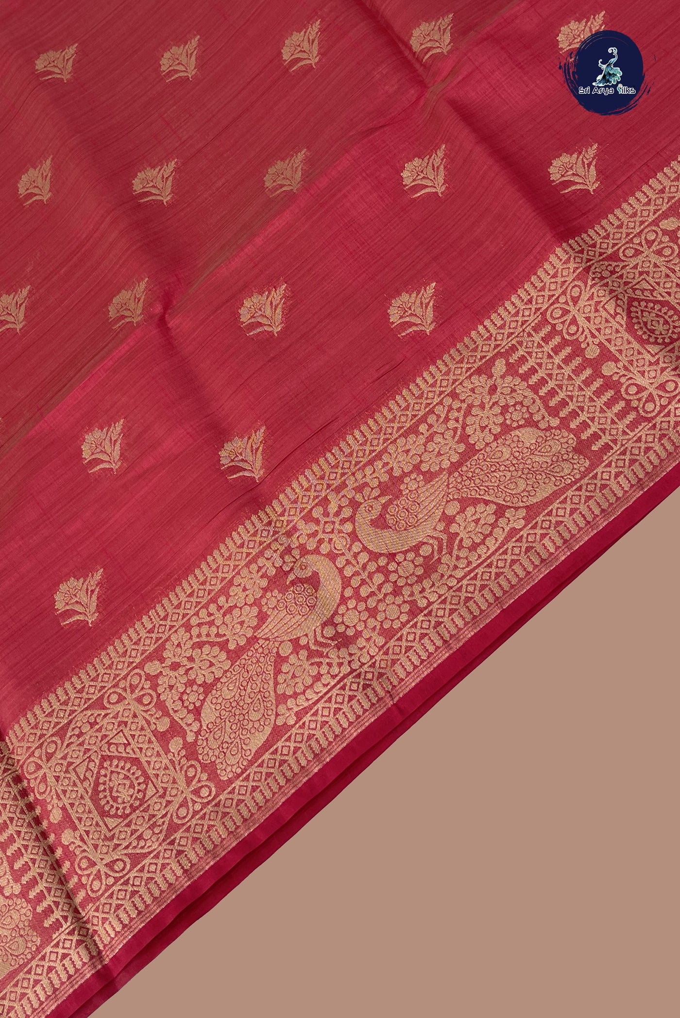 Reddish Pink Semi Tussar Saree With Zari Buttas Pattern