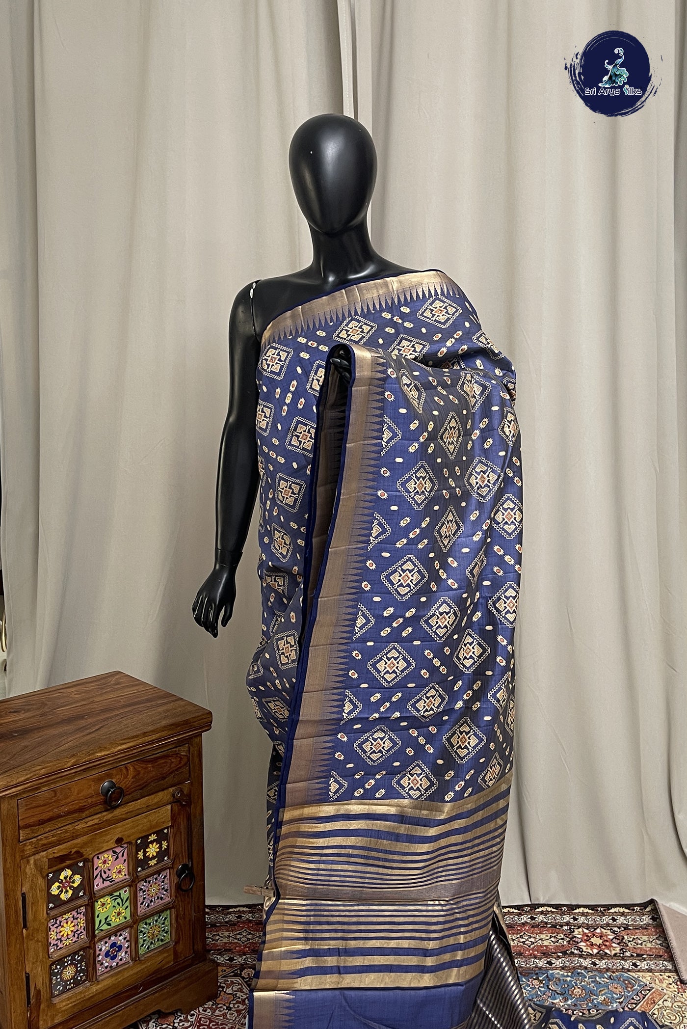 Greyish Blue Semi Tussar Saree With Printed Pattern