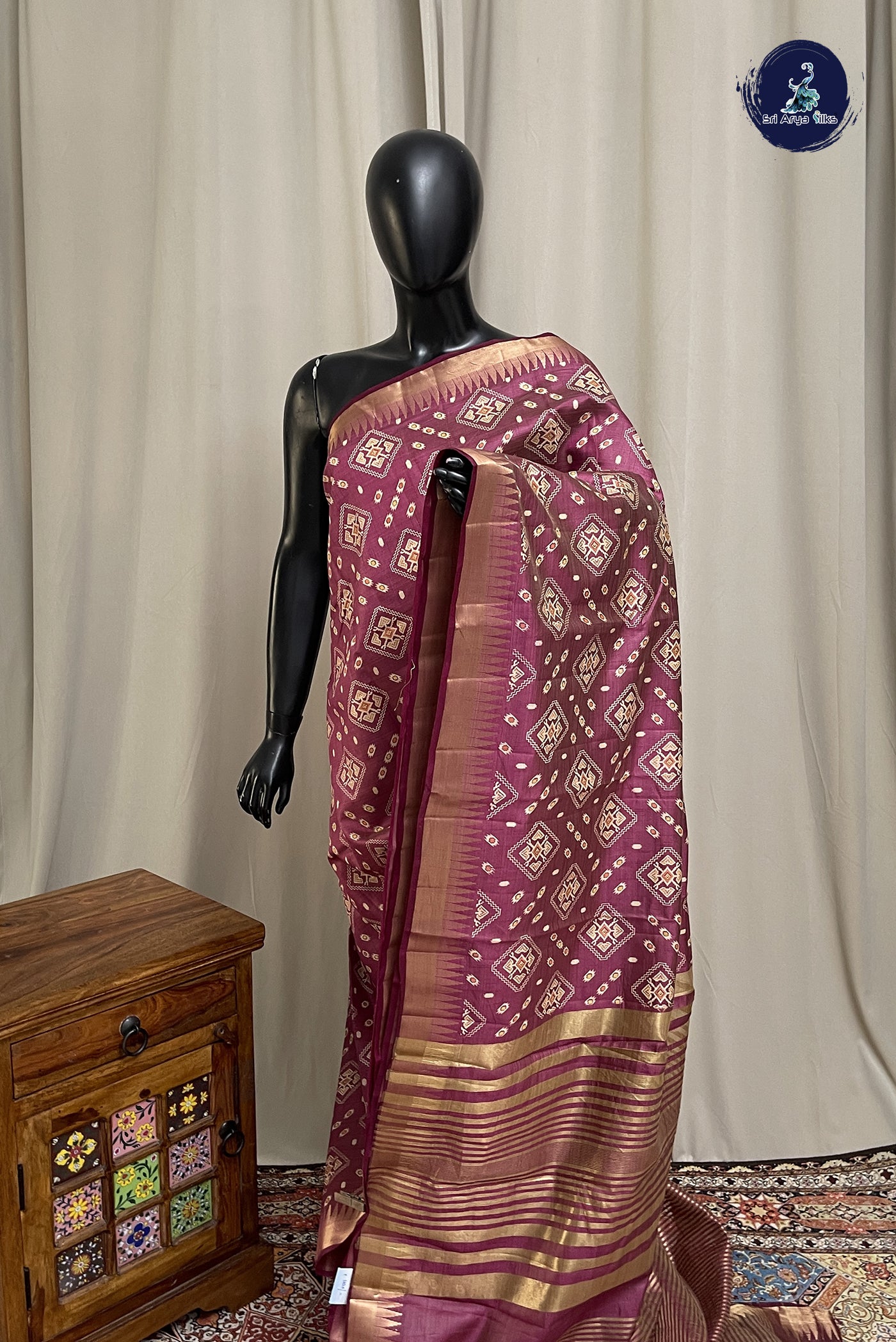 Burgundy Semi Tussar Saree With Printed Pattern