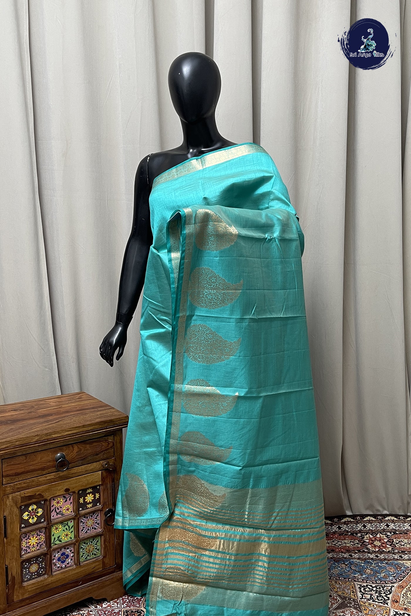 Teal Semi Tussar Saree With Plain Pattern