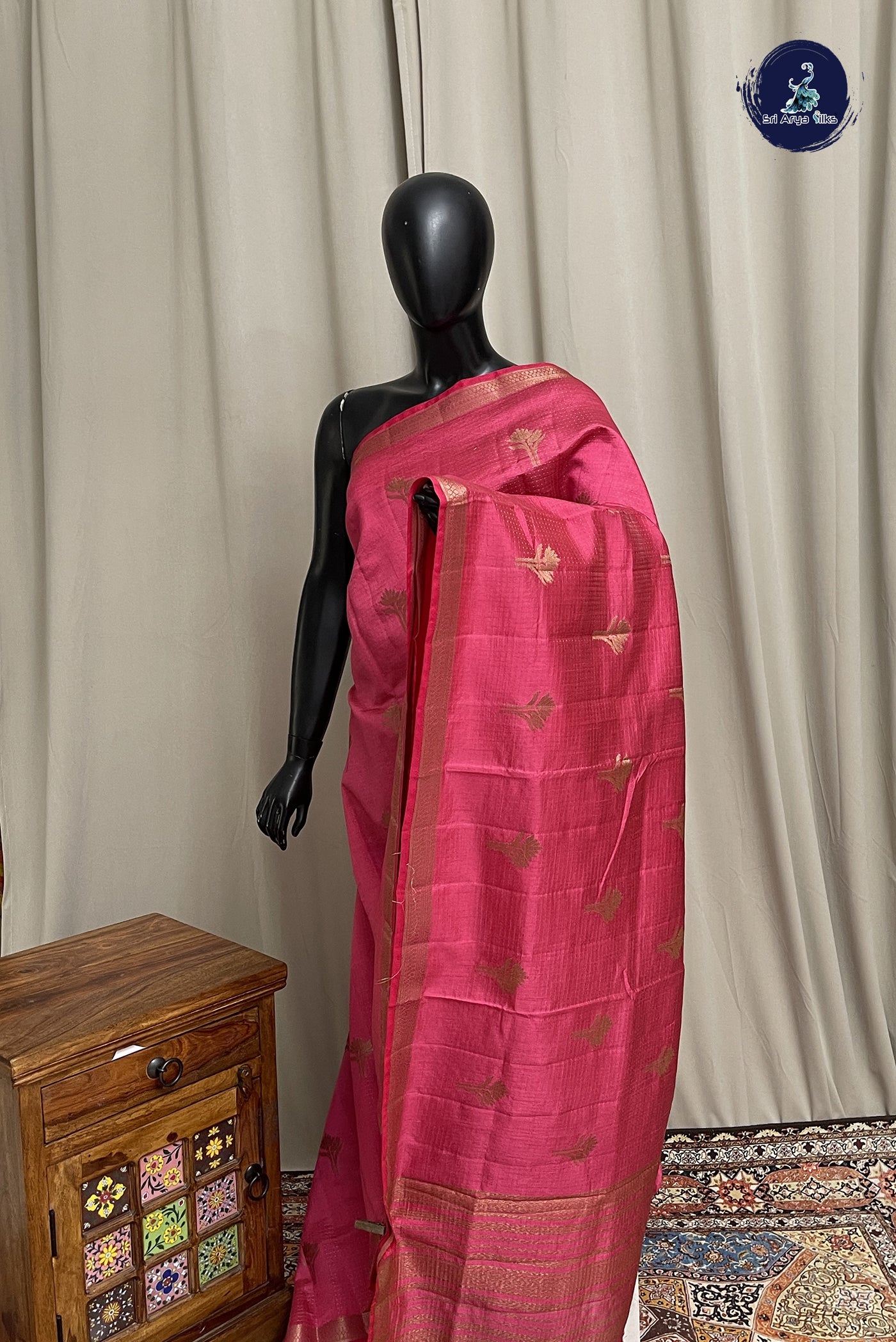 Dark Pink Semi Tussar Saree With Zari Buttas Pattern