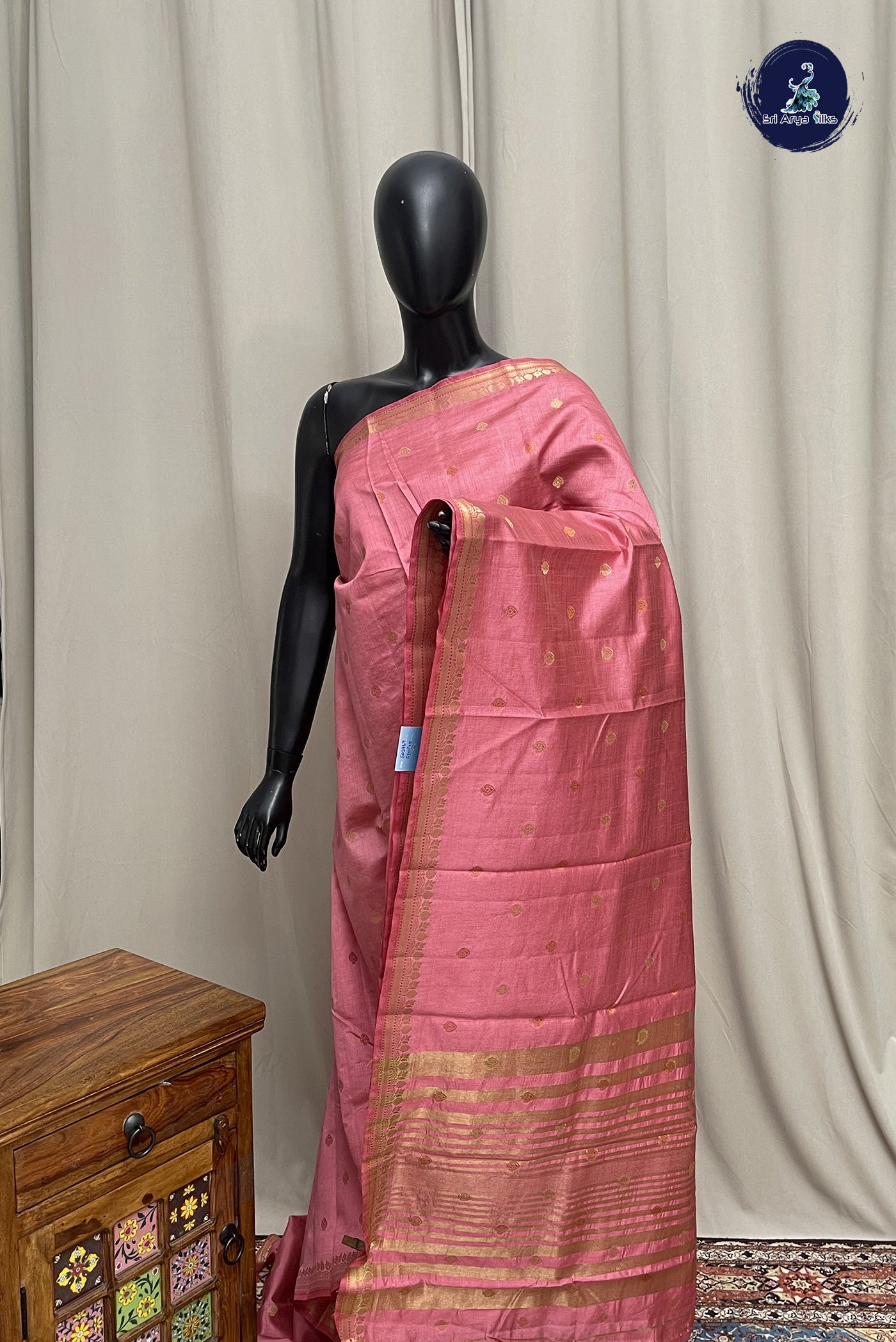 Pink Semi Tussar Saree With Zari Buttas Pattern