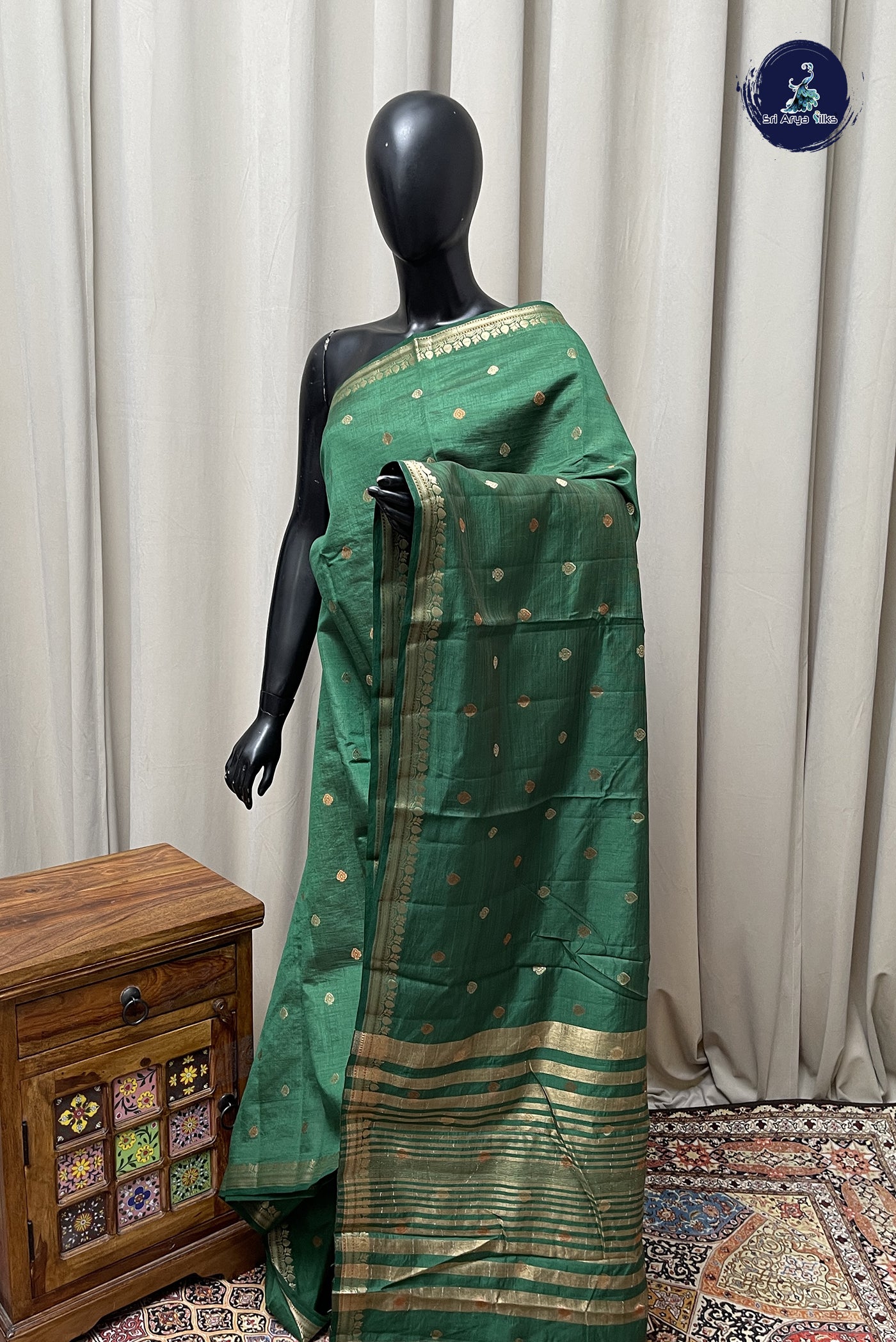 Dark Green Semi Tussar Saree With Zari Buttas Pattern