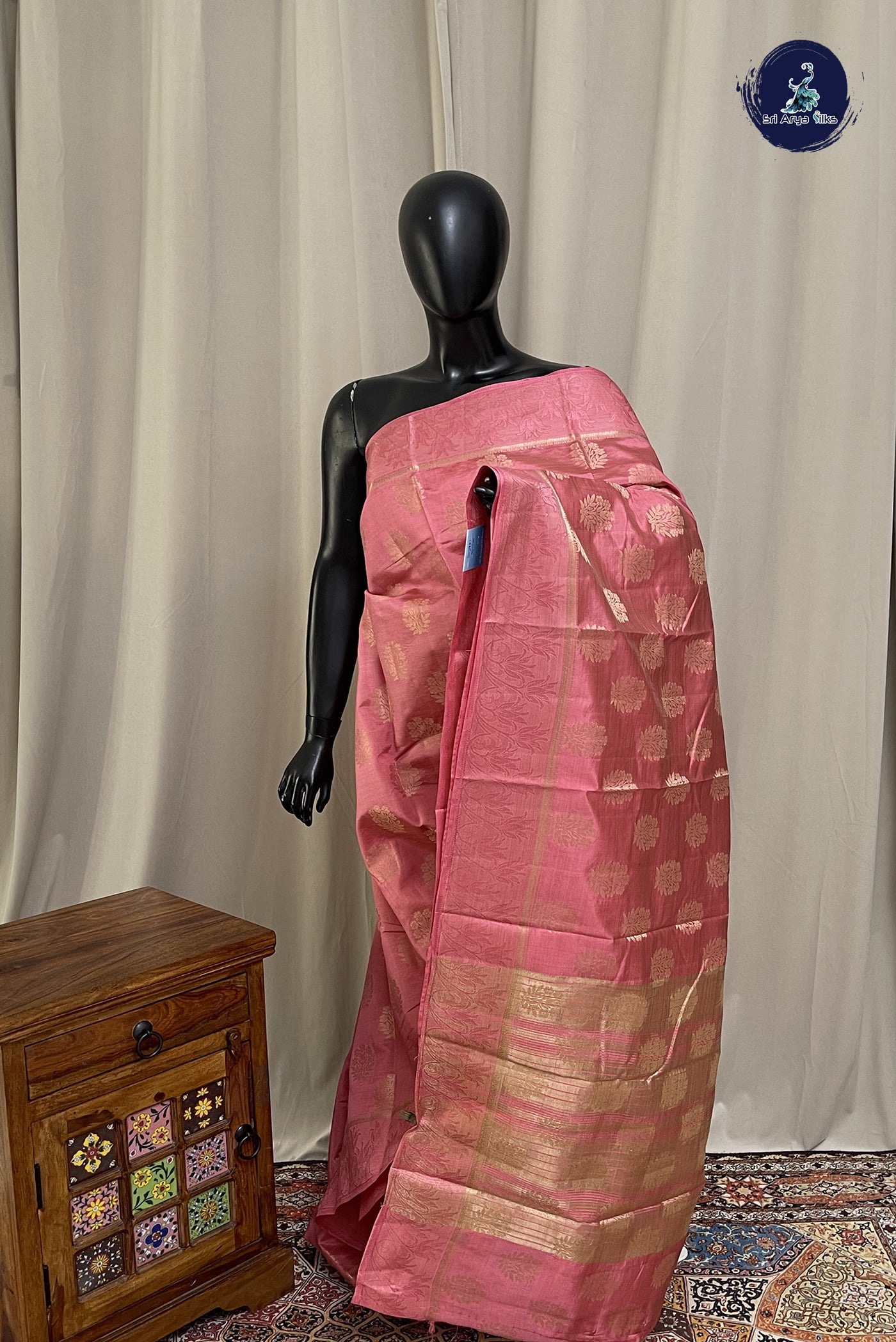 Pink Semi Tussar Saree With Zari Buttas Pattern