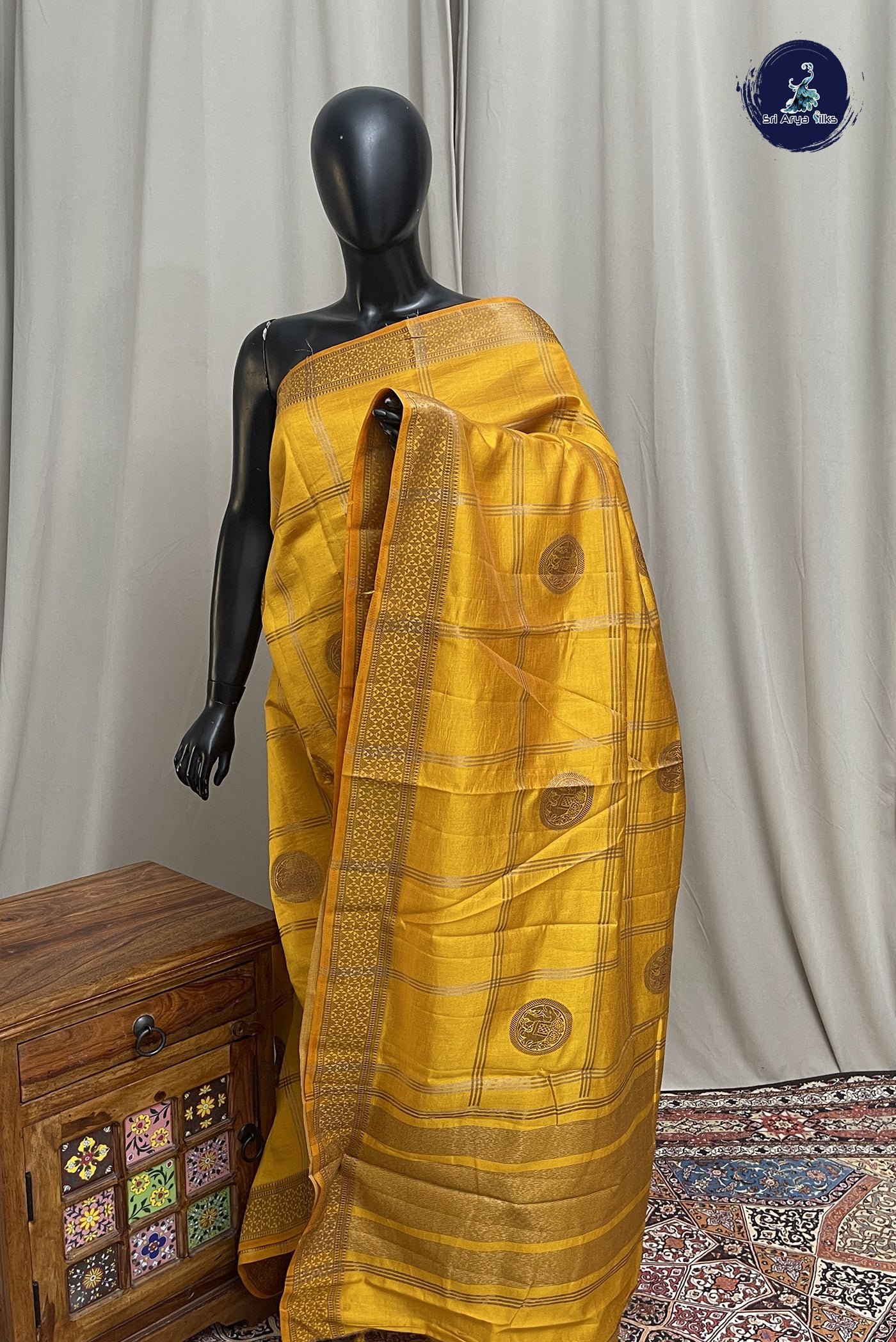 Mustard Yellow Semi Tussar Saree With Zari Checked Pattern