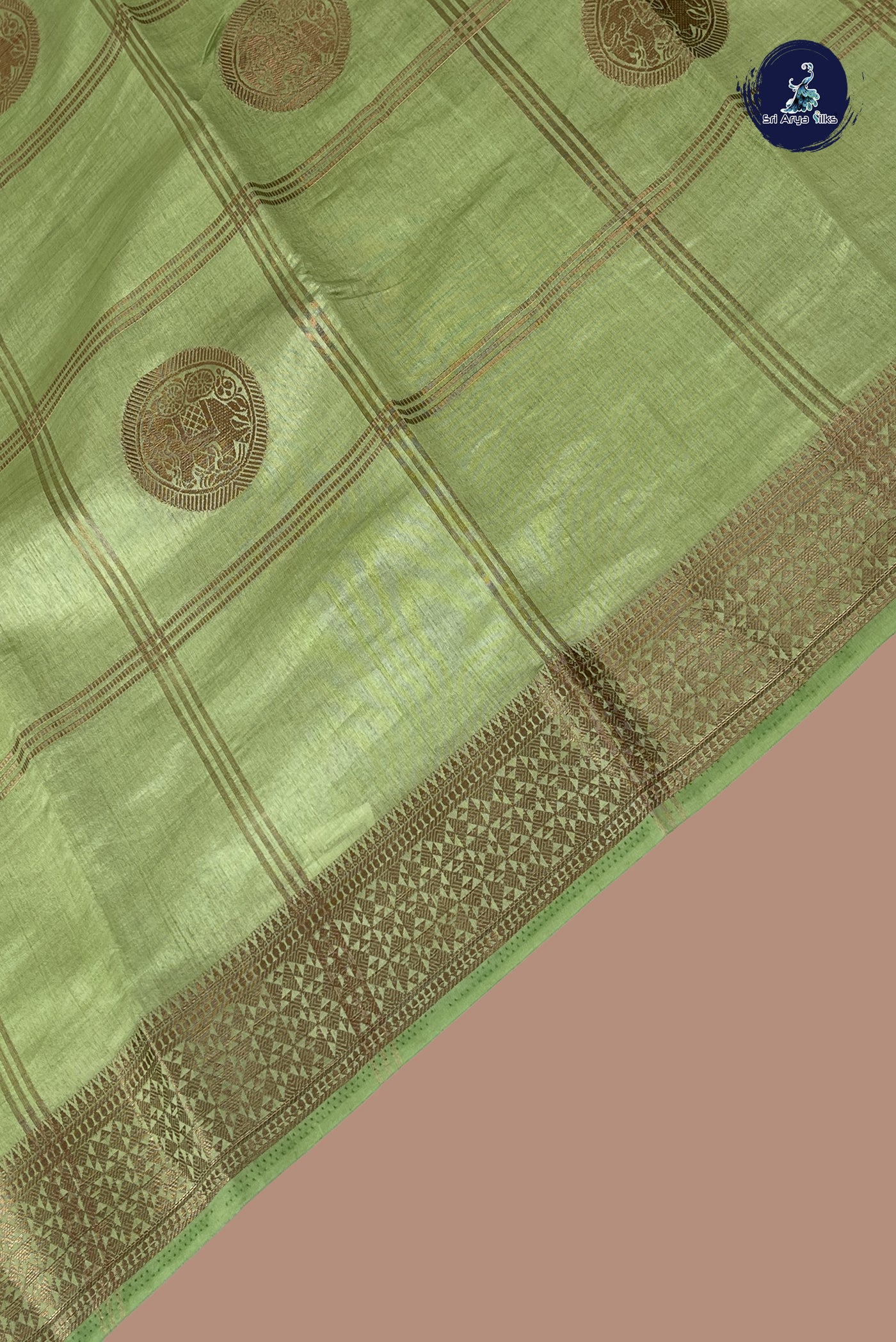 Pista Green Semi Tussar Saree With Zari Checked Pattern