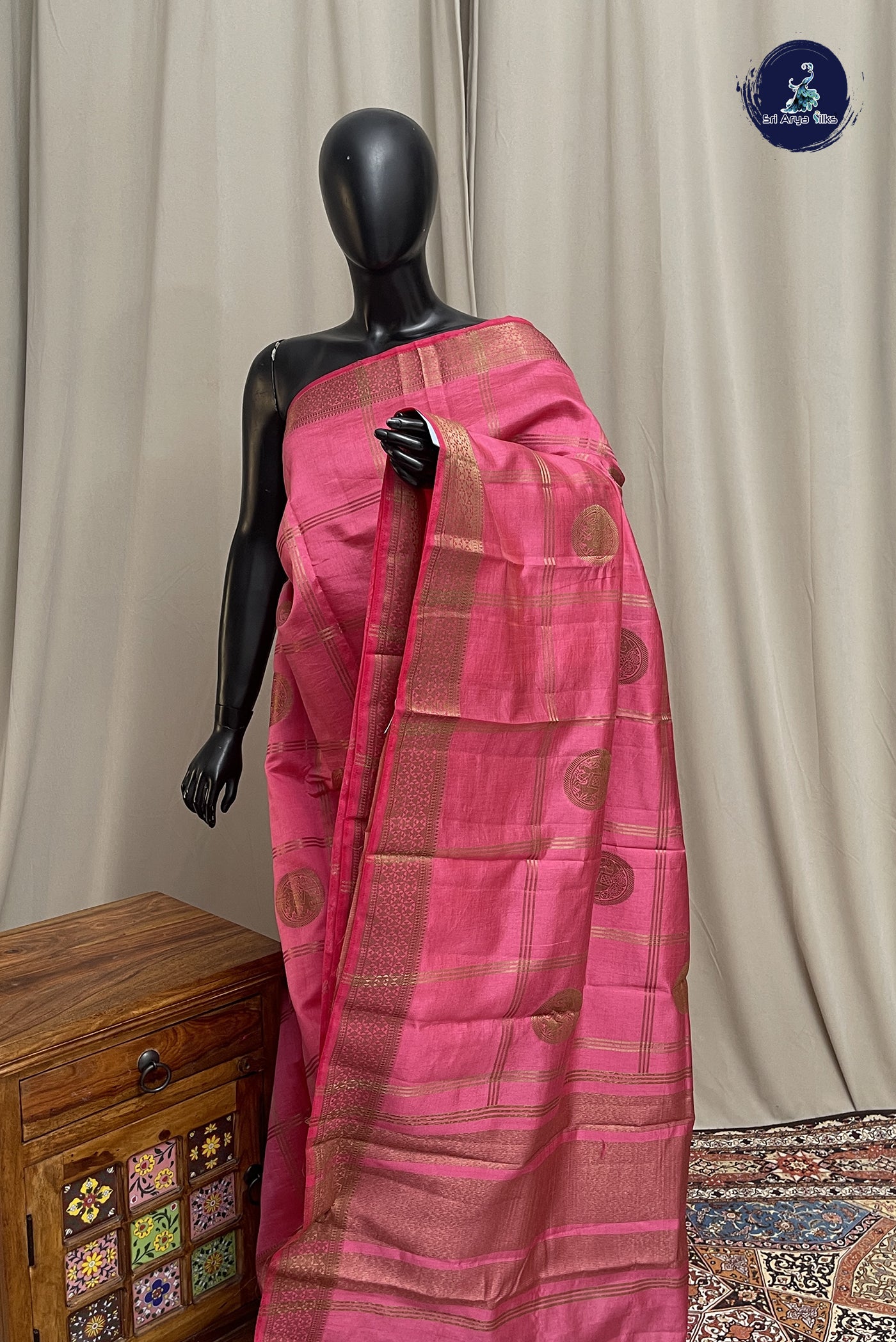 Pink Semi Tussar Saree With Zari Checked Pattern