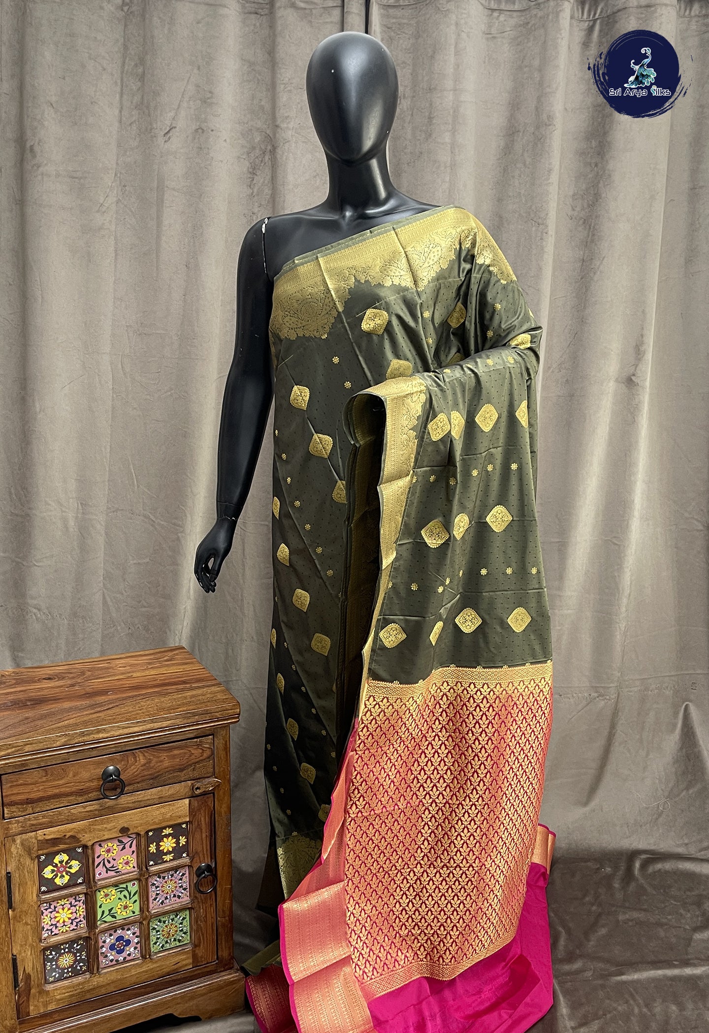 Greenish Grey Semi Silk Saree With Zari Buttas Pattern