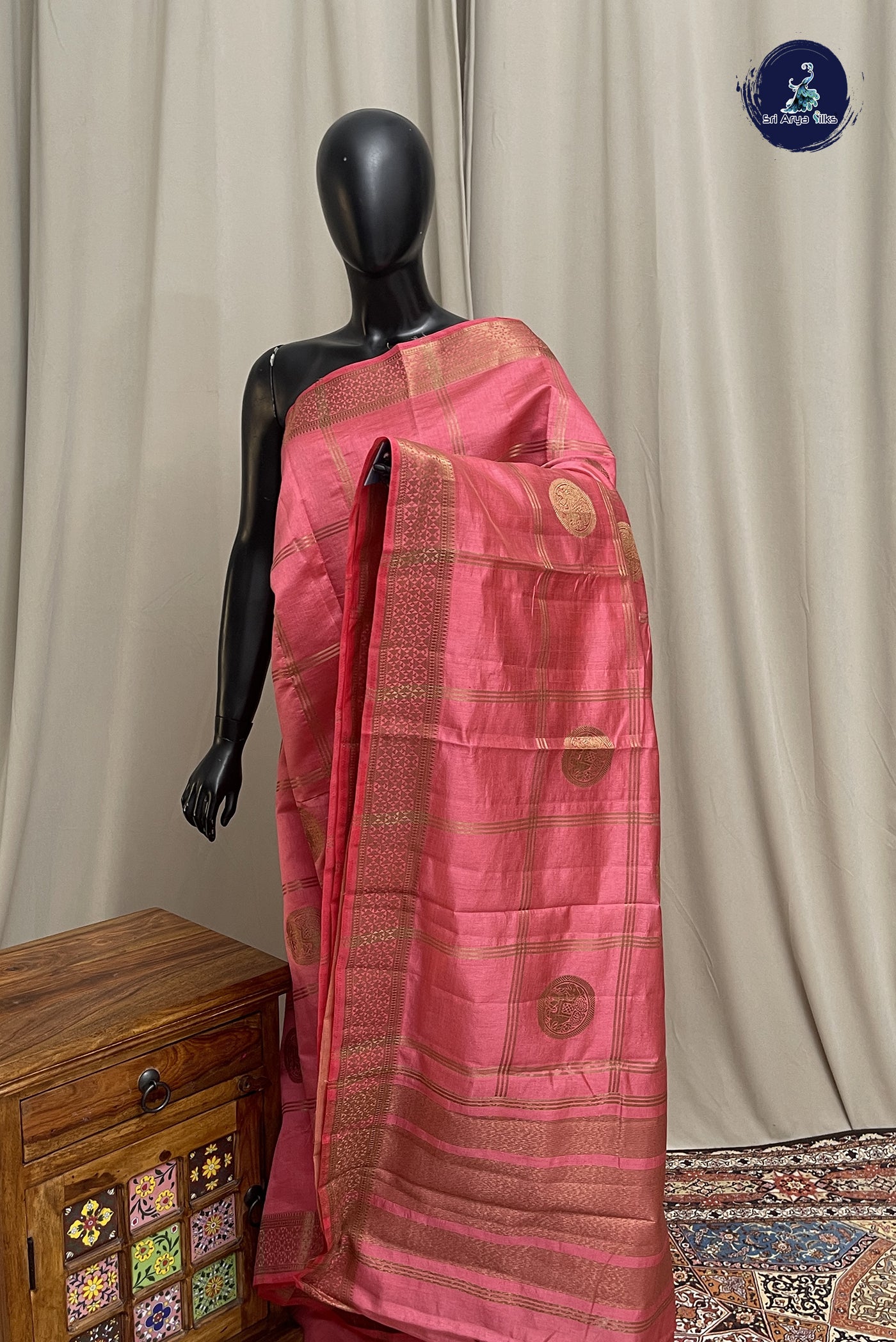 Pink Semi Tussar Saree With Zari Checked Pattern