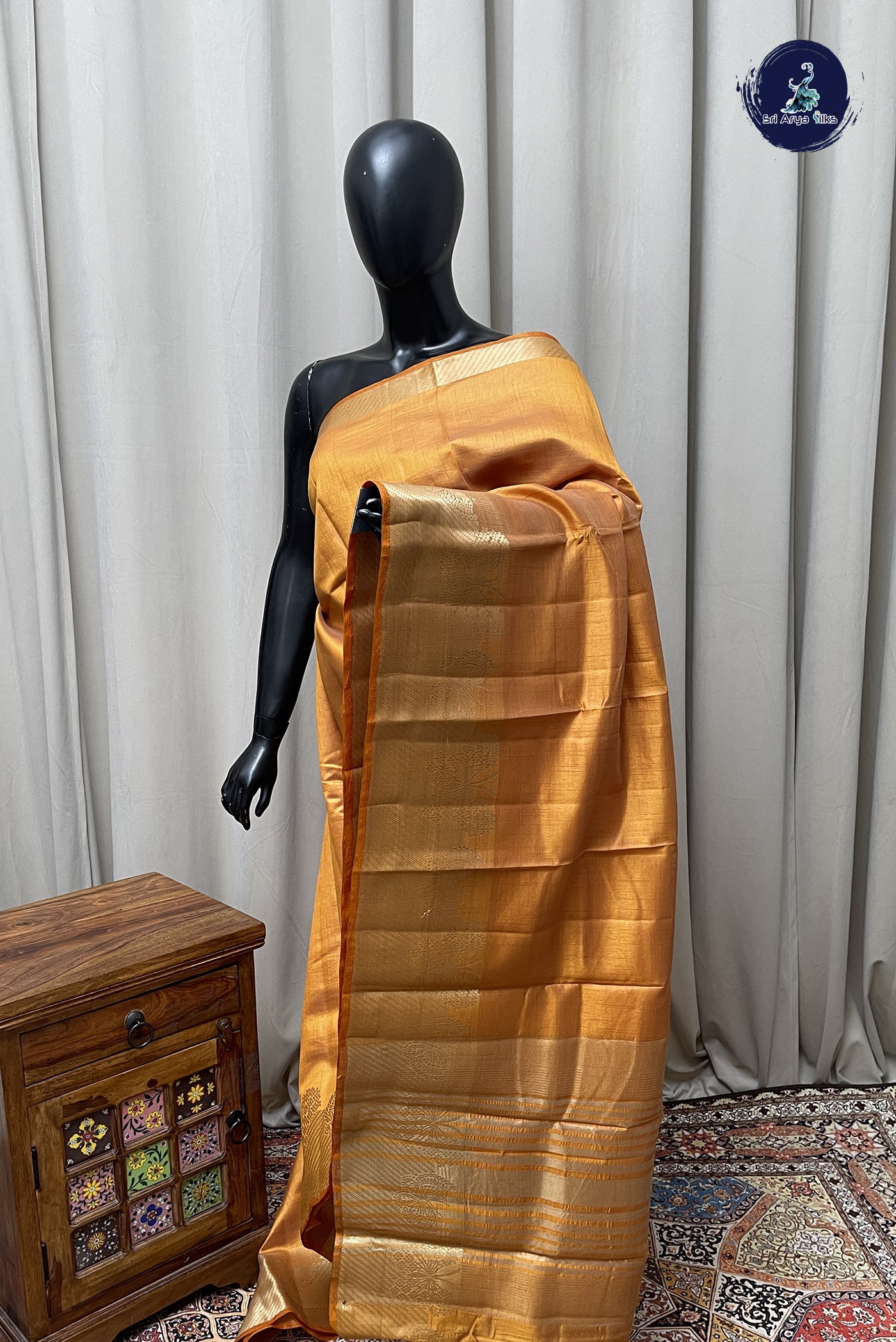 Mustard Yellow Semi Tussar Saree With Plain Pattern