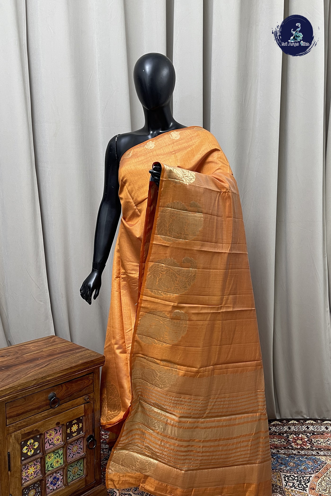 Golden Mustard Semi Tussar Saree With Plain Pattern