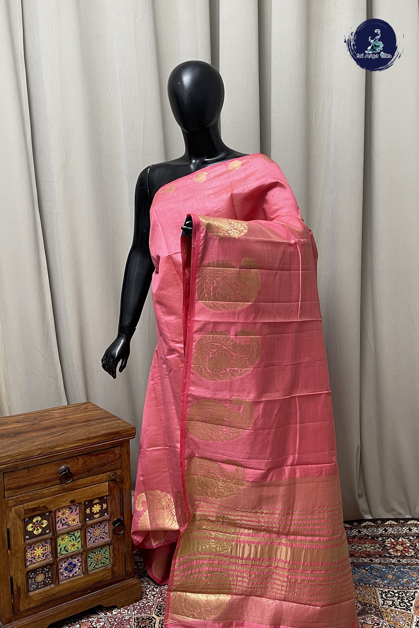Light Pink Semi Tussar Saree With Plain Pattern
