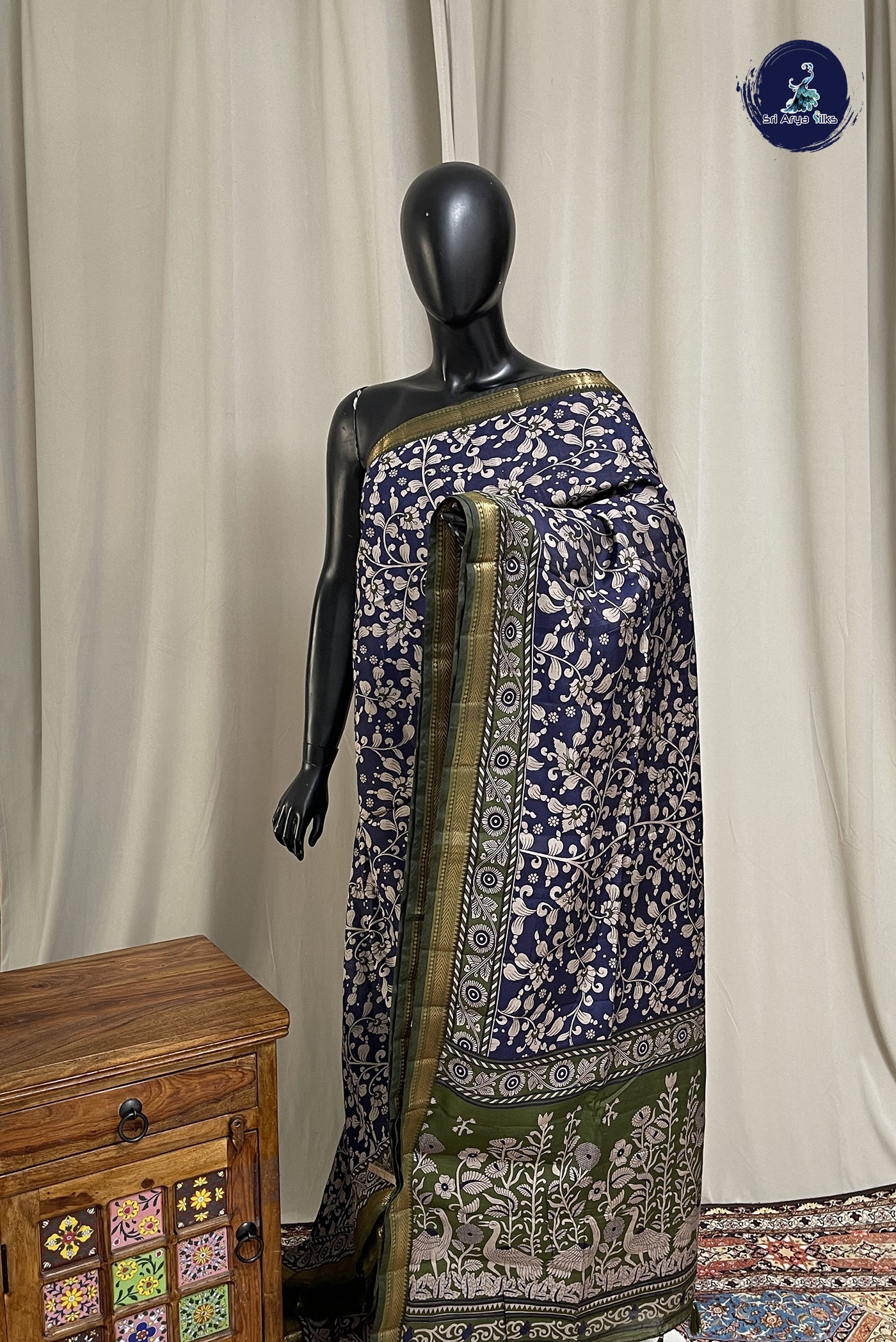 Navy Blue Chanderi Silk Cotton Saree With Printed Pattern