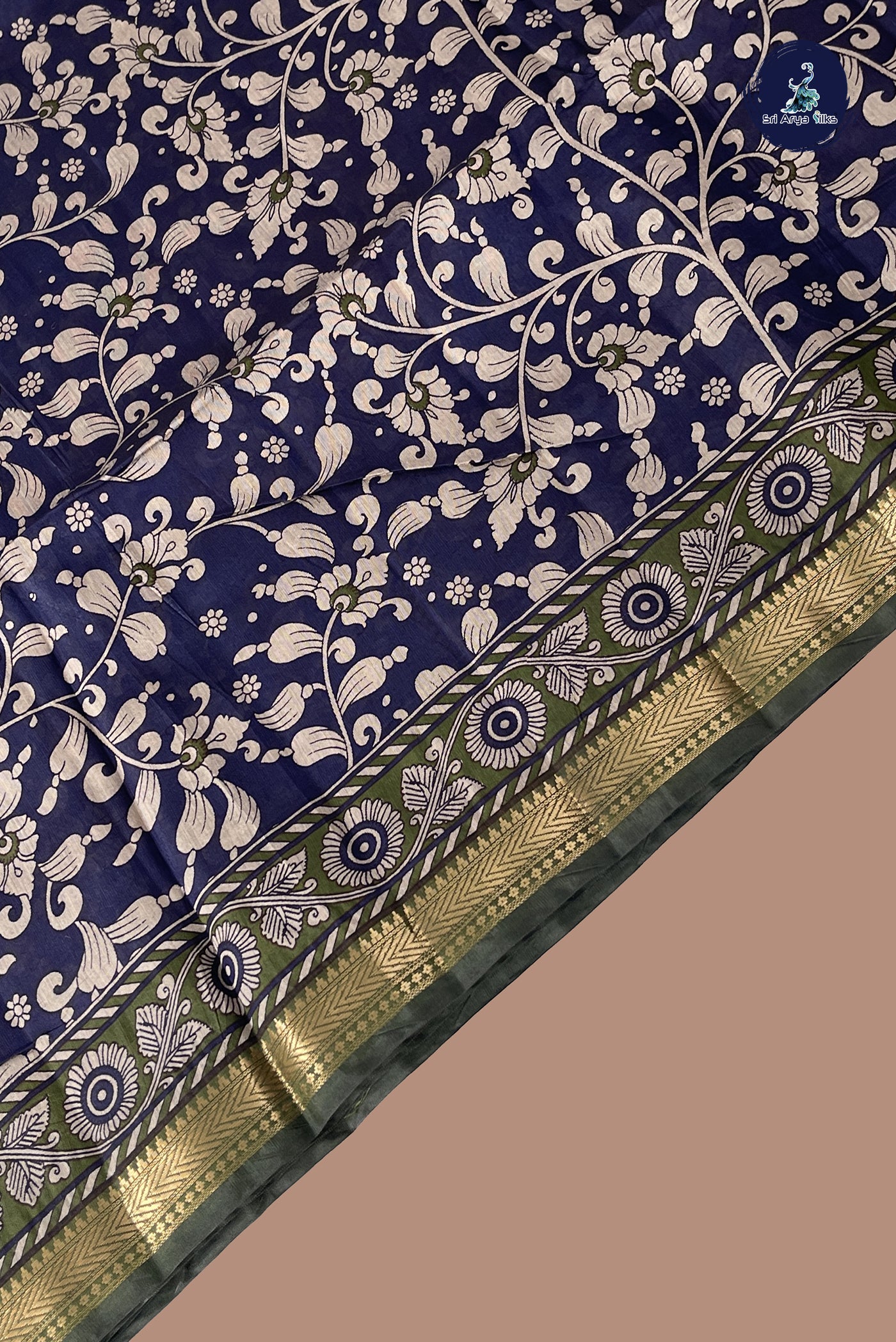 Navy Blue Chanderi Silk Cotton Saree With Printed Pattern