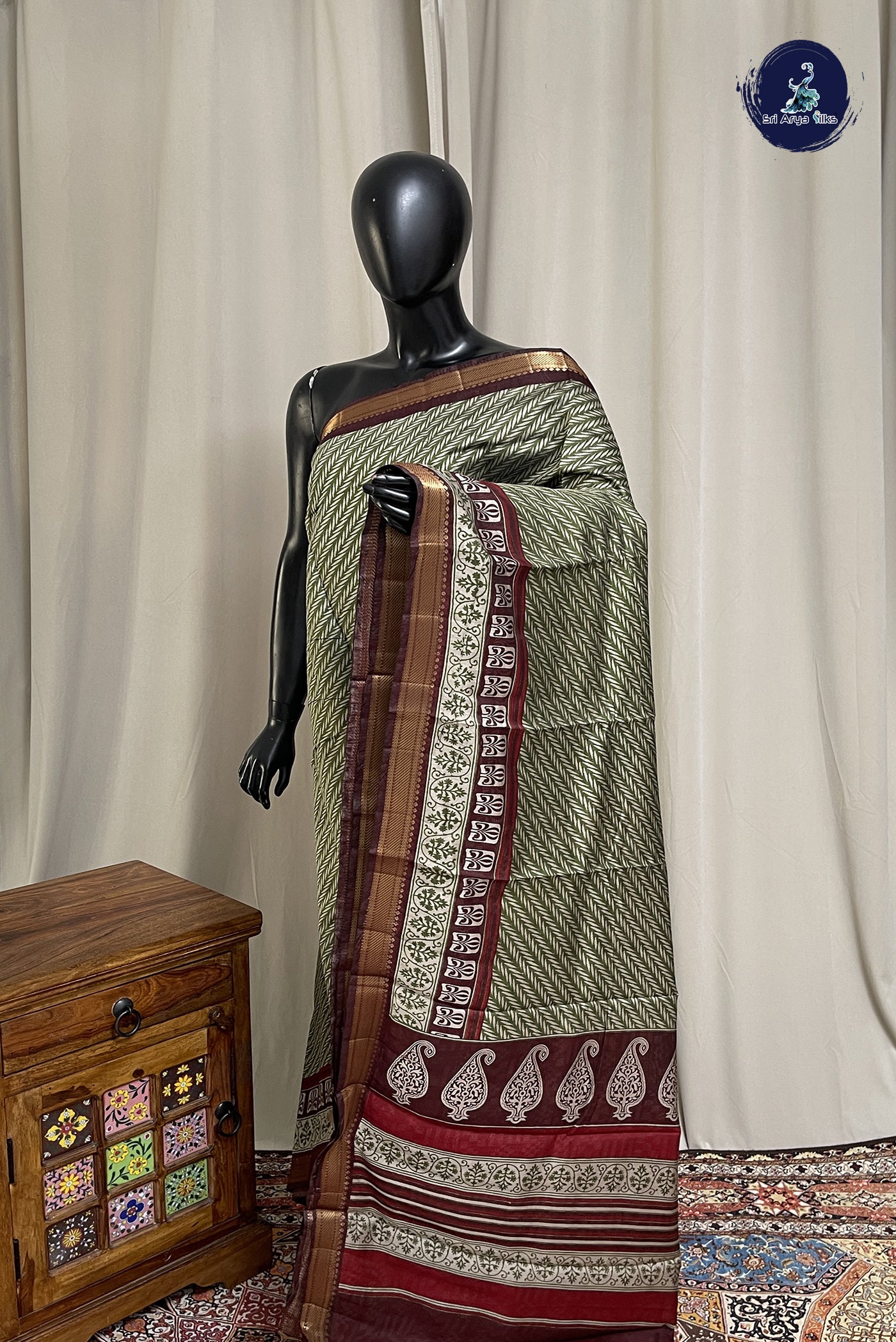 Green Chanderi Silk Cotton Saree With Printed Pattern
