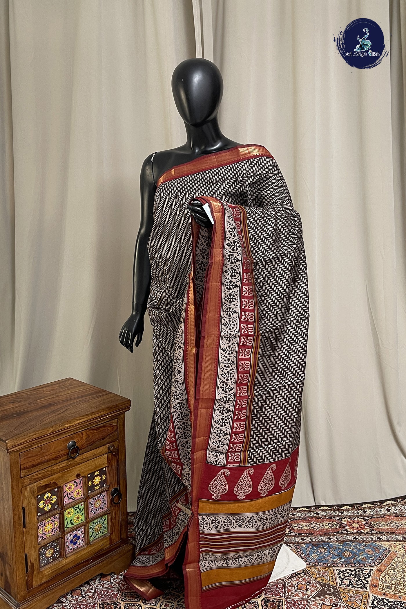 Black Chanderi Silk Cotton Saree With Printed Pattern