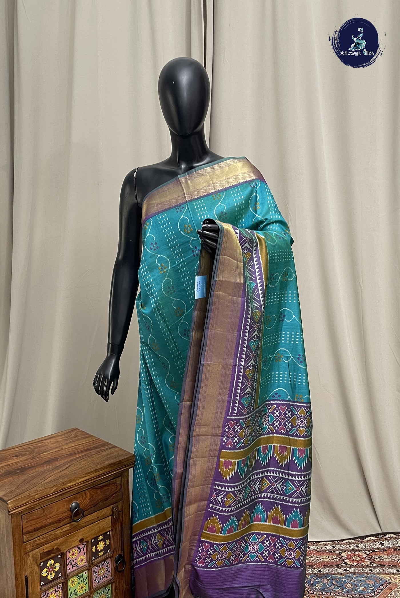 Teal Semi Pattola Saree With Patola Pattern