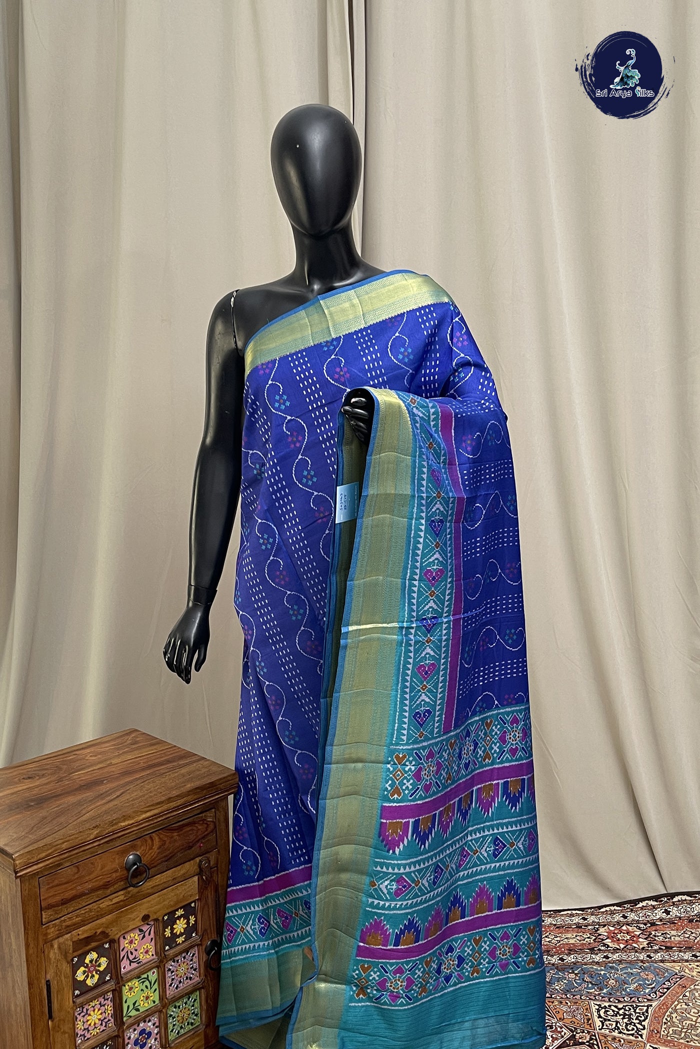 Ink Blue Semi Pattola Saree With Patola Pattern