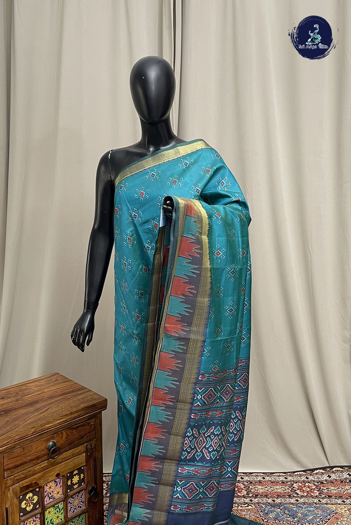 Teal Semi Pattola Saree With Patola Pattern